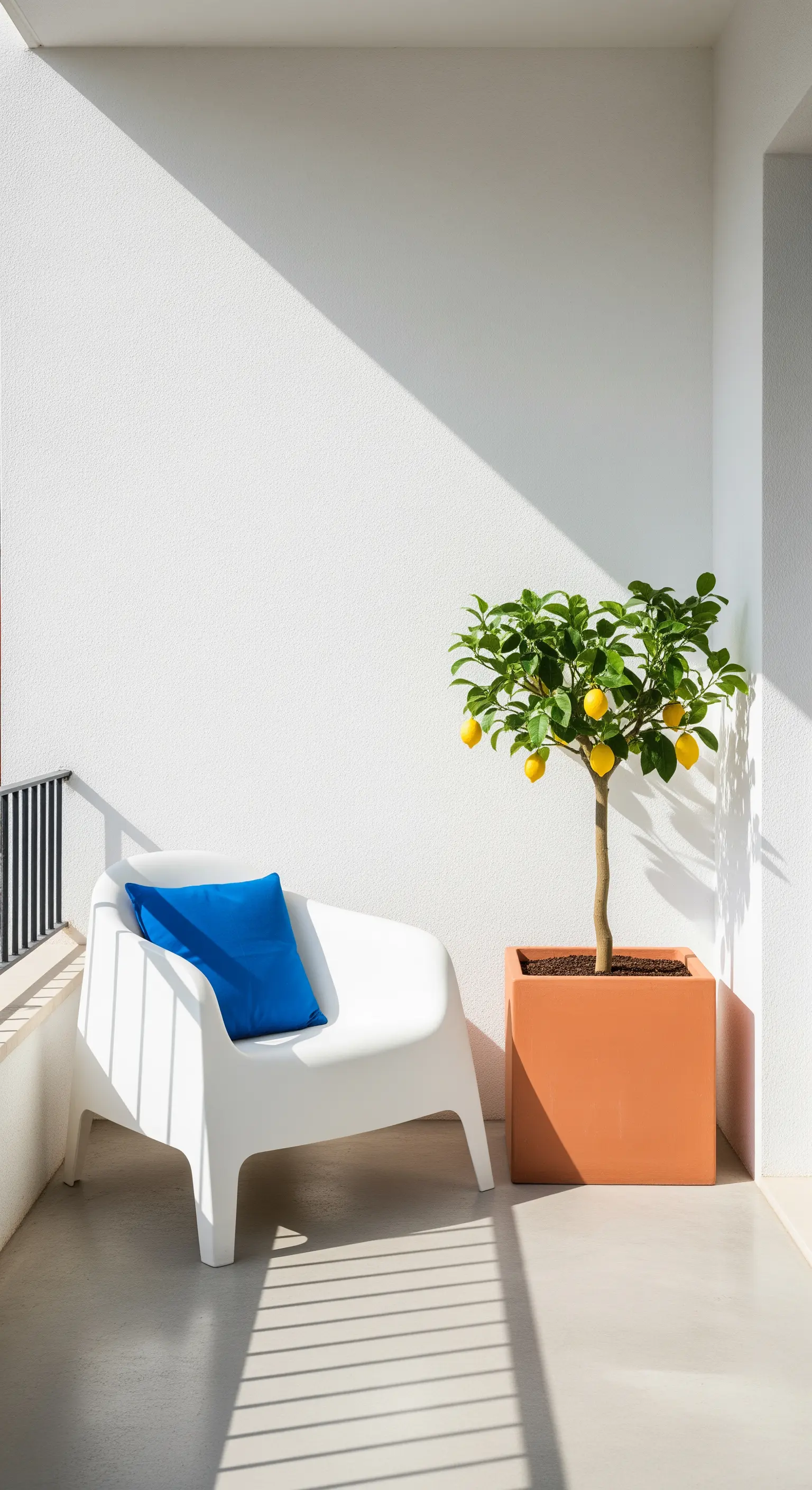 Moderne Balkonecke mit weißem Sessel, blauem Kissen und Zitronenbaum in eckigem Topf.
