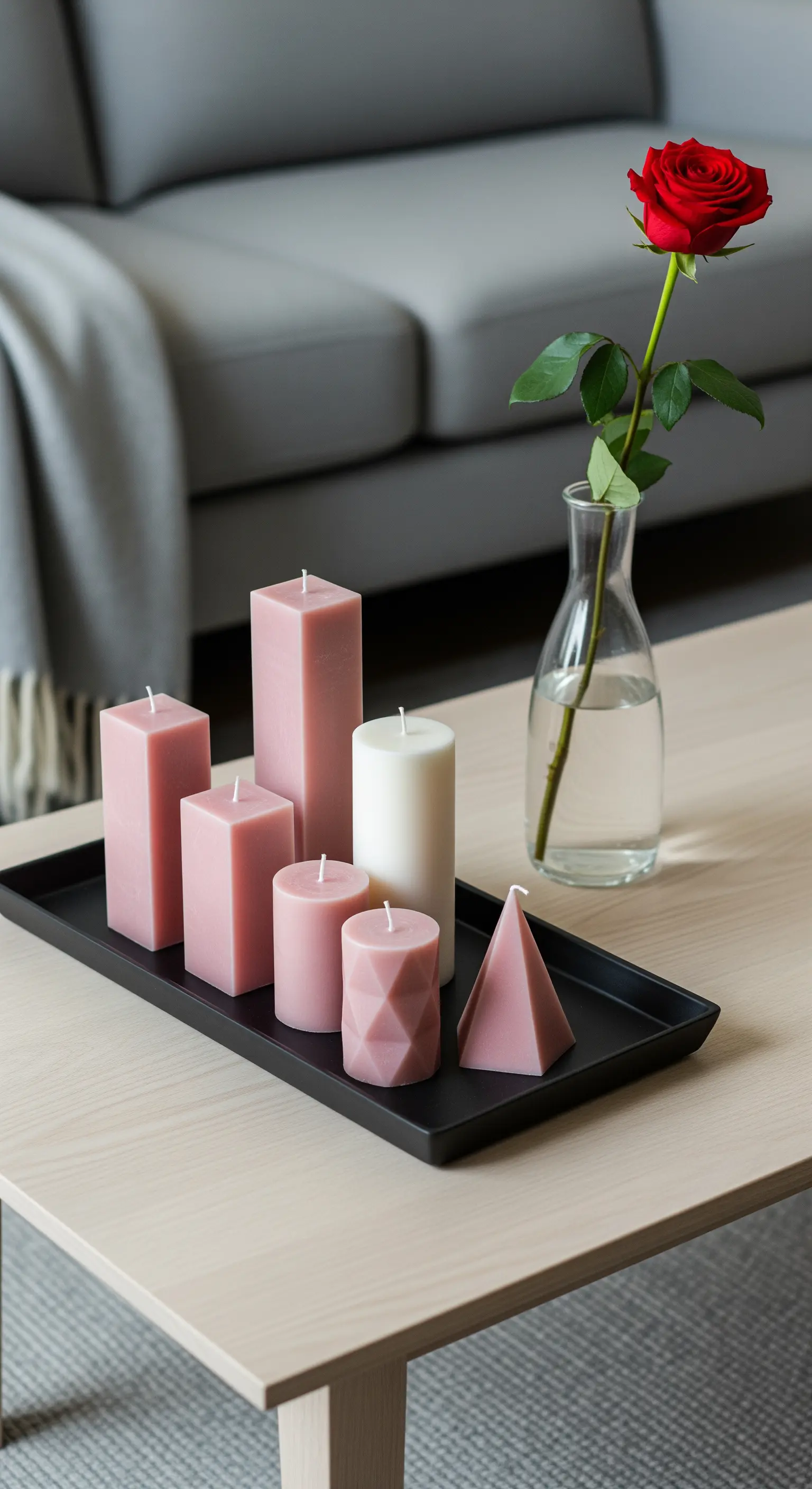 Couchtisch mit geometrischen Kerzen, schwarzem Tablett und einzelner roter Rose