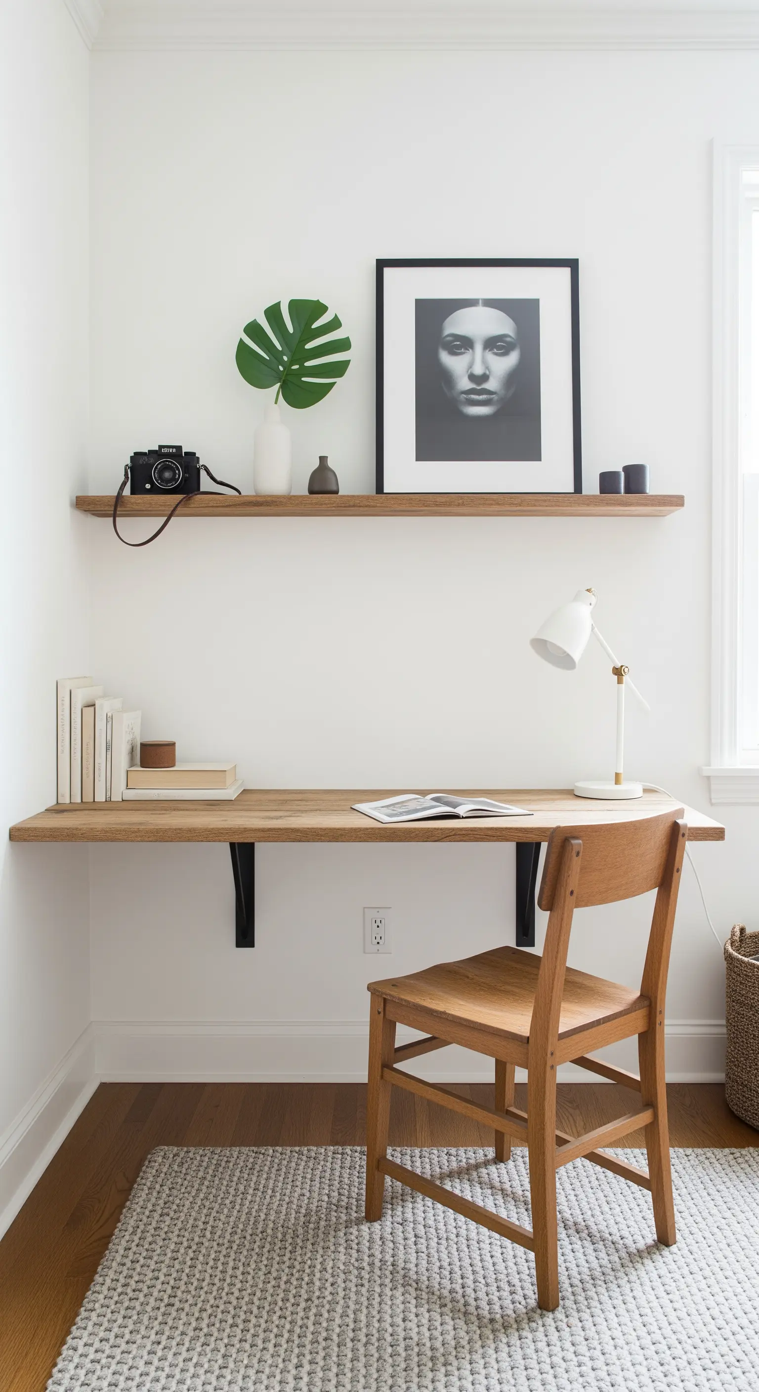 Minimalistischer Arbeitsplatz mit Holzschreibtisch, einem gerahmten Porträt und einer Vintage-Kamera auf einem Regal.