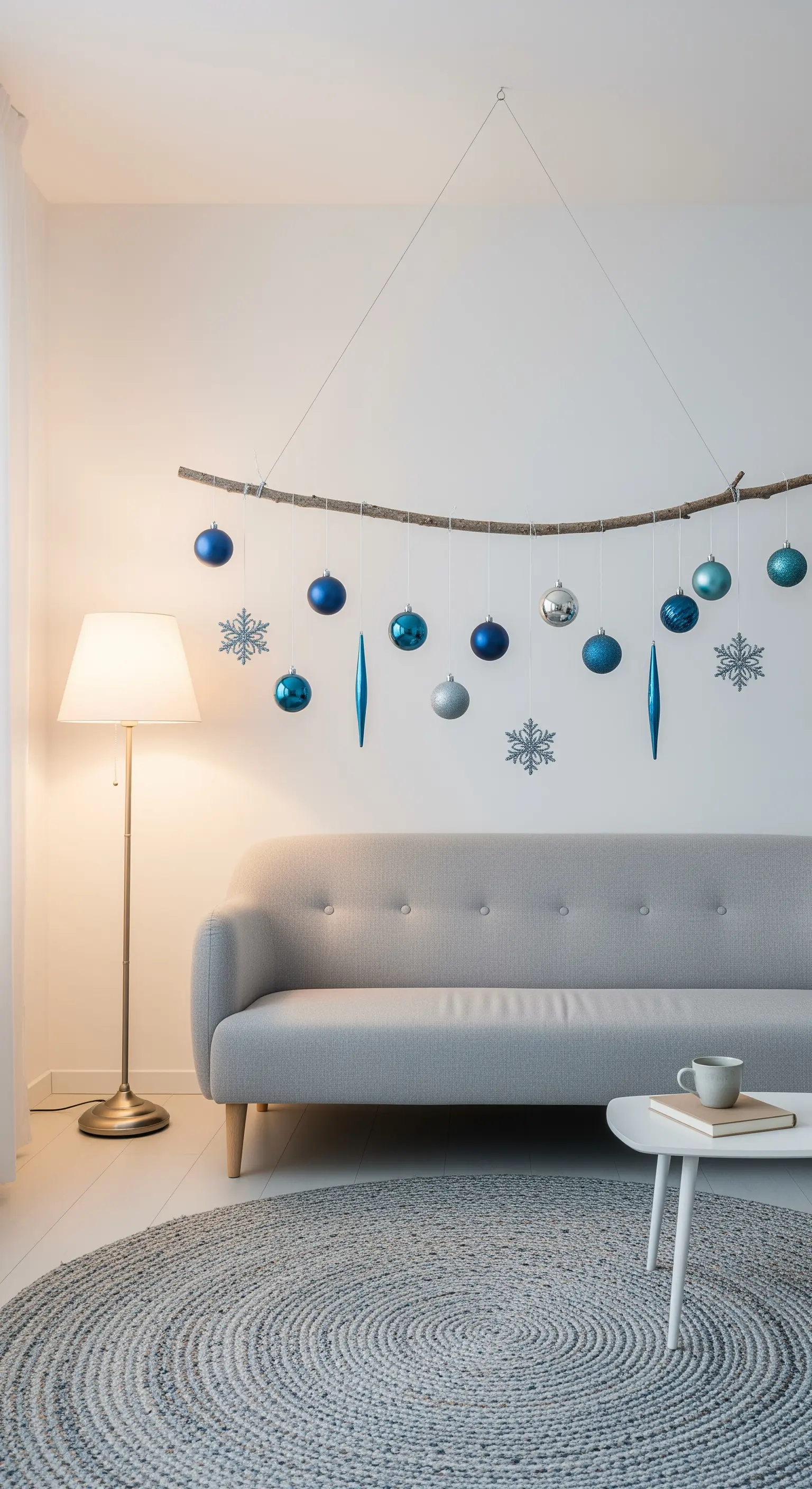 Hängender Ast mit blauen und silbernen Weihnachtskugeln und Papier-Schneeflocken über Sofa.