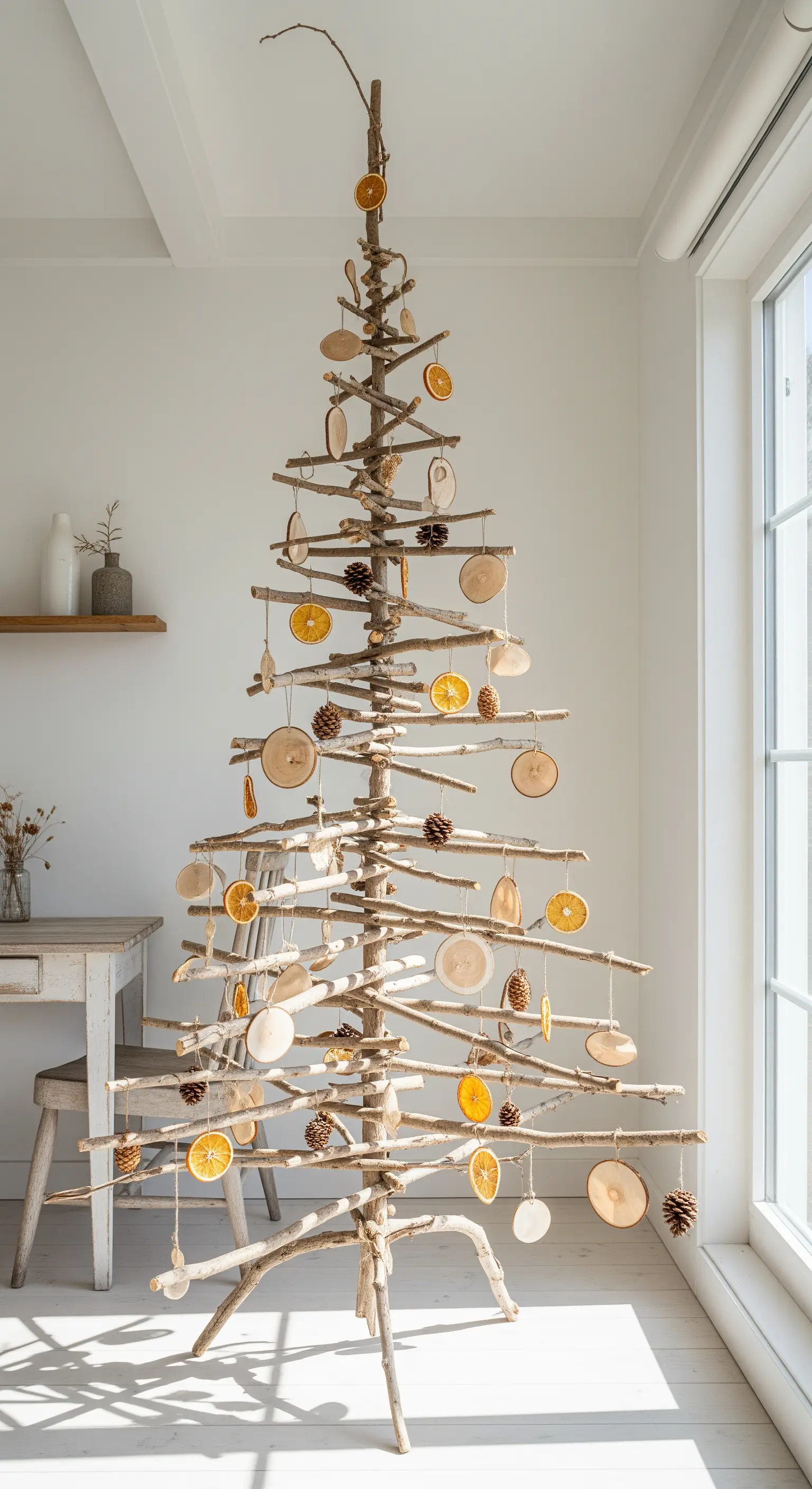 Minimalistischer Weihnachtsbaum aus Ästen mit Holzscheiben und getrockneten Orangenscheiben