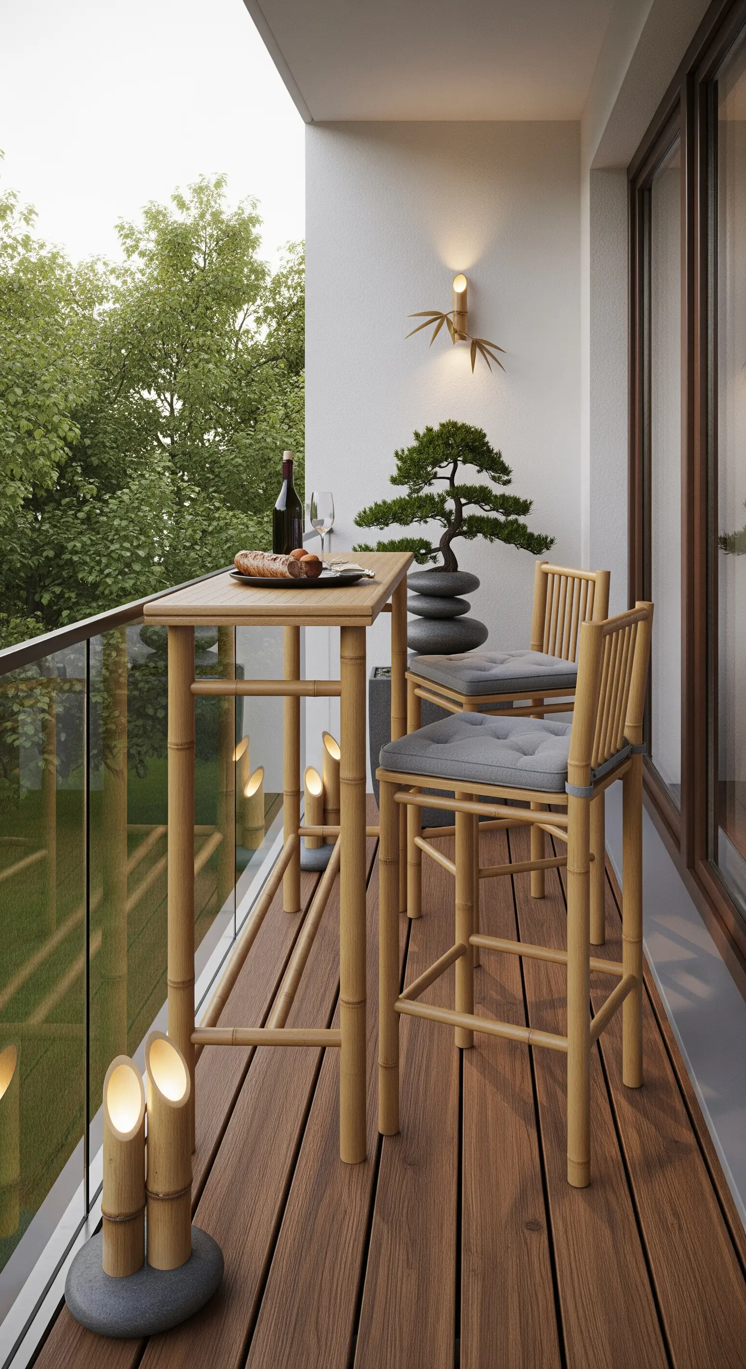 Minimalistischer Balkon mit Bambus-Bar, Bonsai und indirekter Beleuchtung