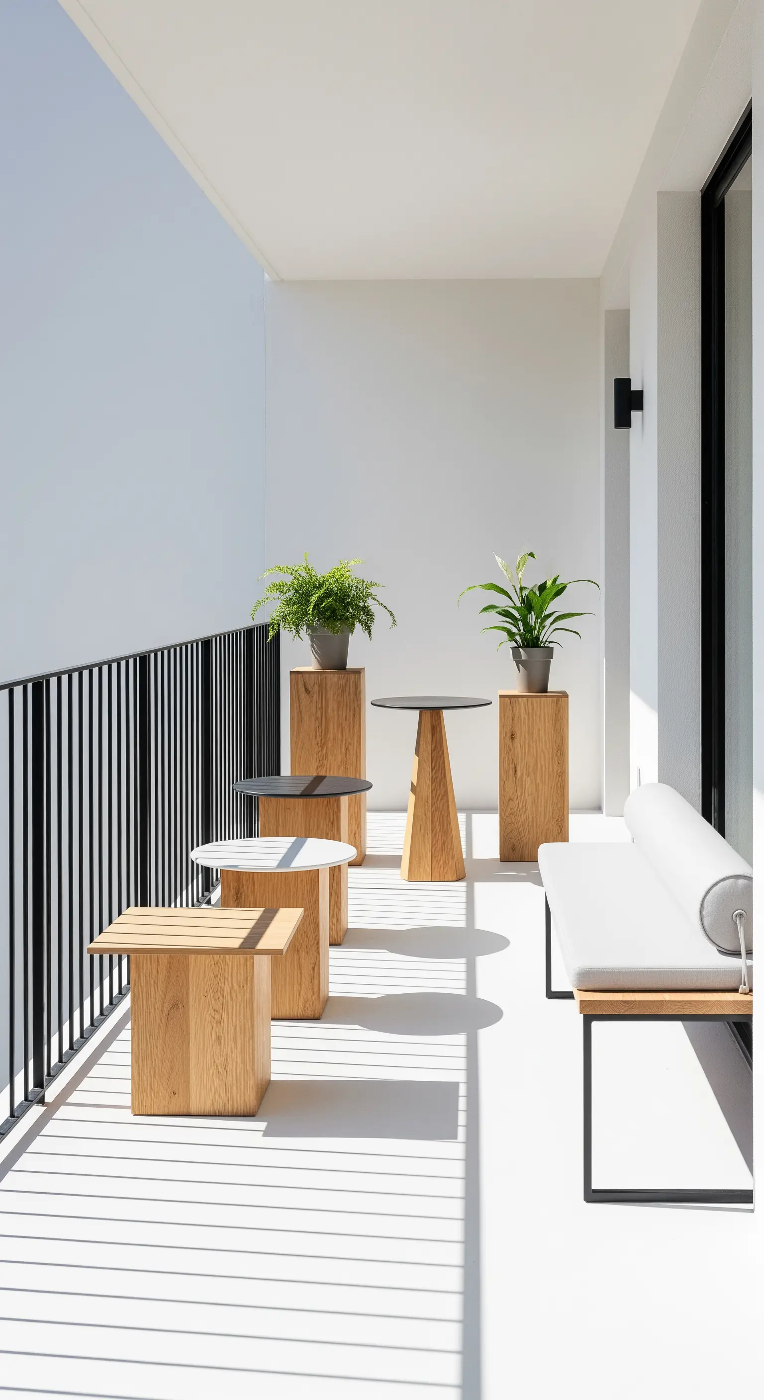 Minimalistischer Balkon mit gestuften Holzelementen und Pflanzen