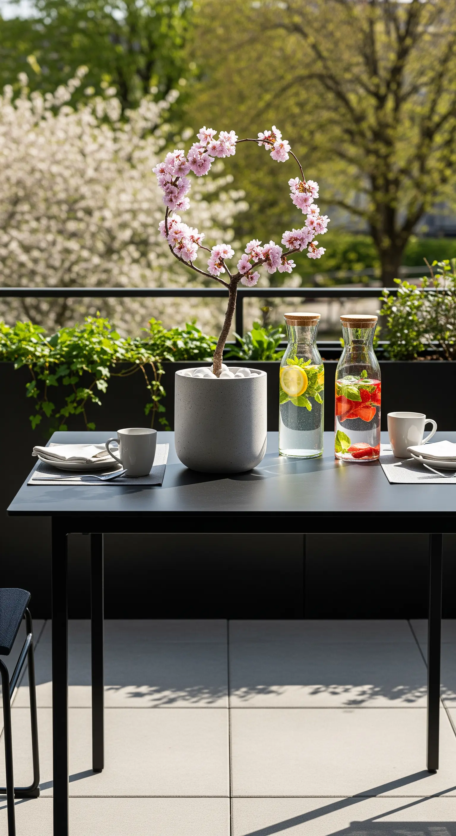 Minimalistischer Balkontisch mit Kirschblütenring und Infused Water