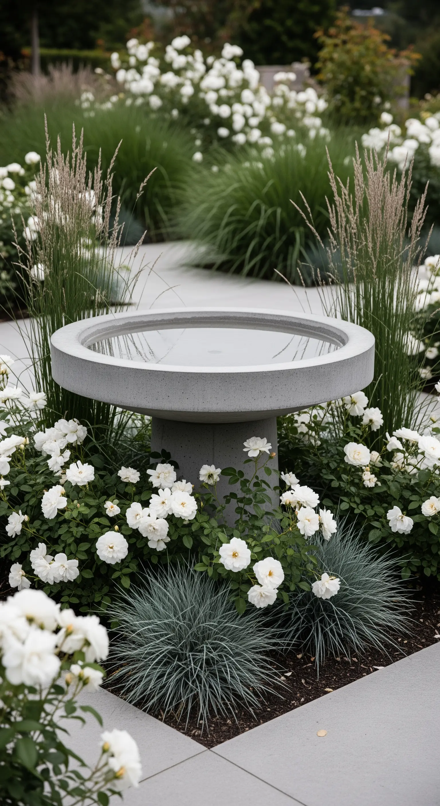 Zylindrische Vogeltränke aus Beton, umgeben von weißen Rosen und Ziergräsern