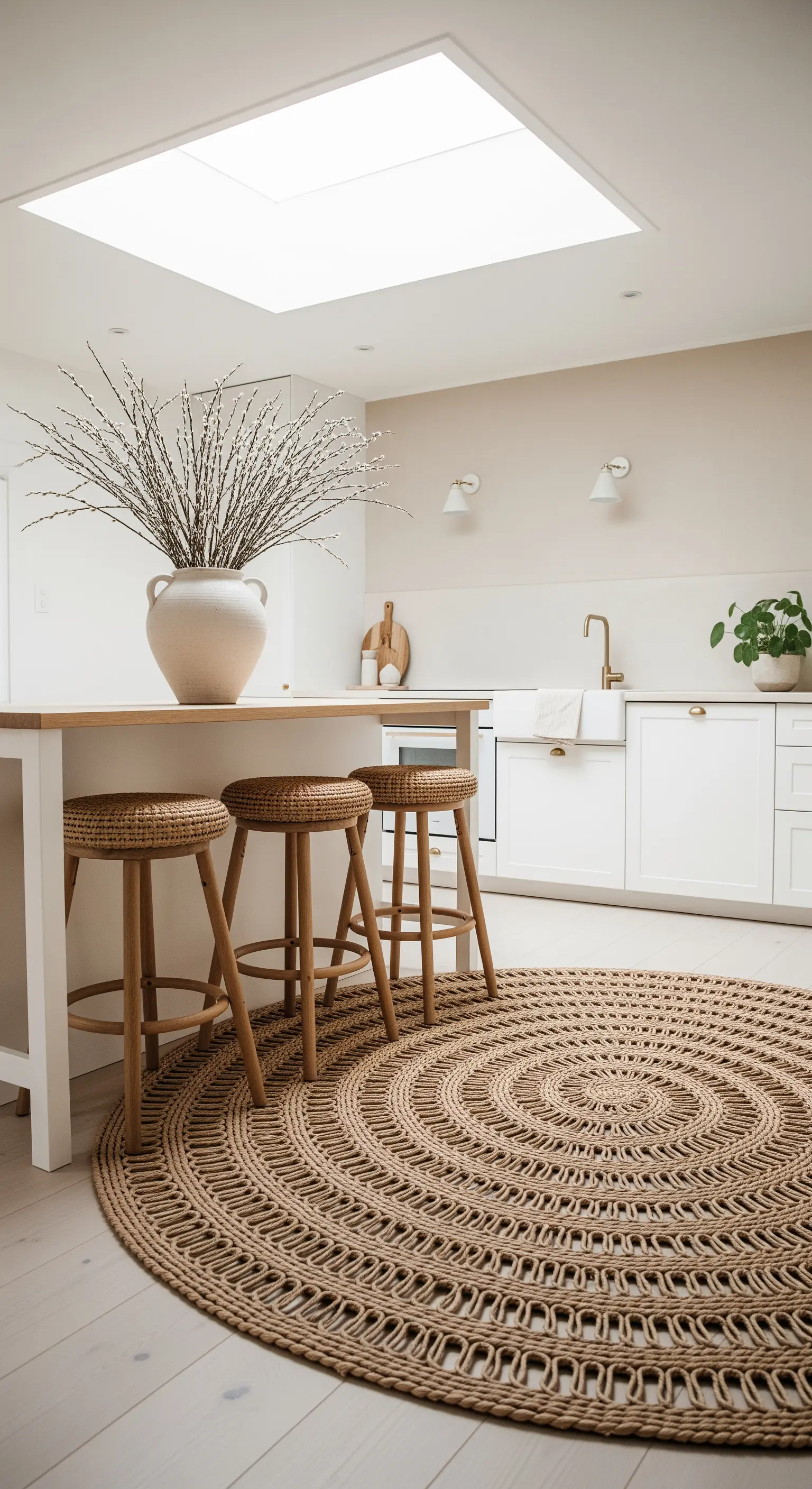 Runder Jute-Teppich, Rattan-Hocker und blühende Äste in minimalistischer Küche