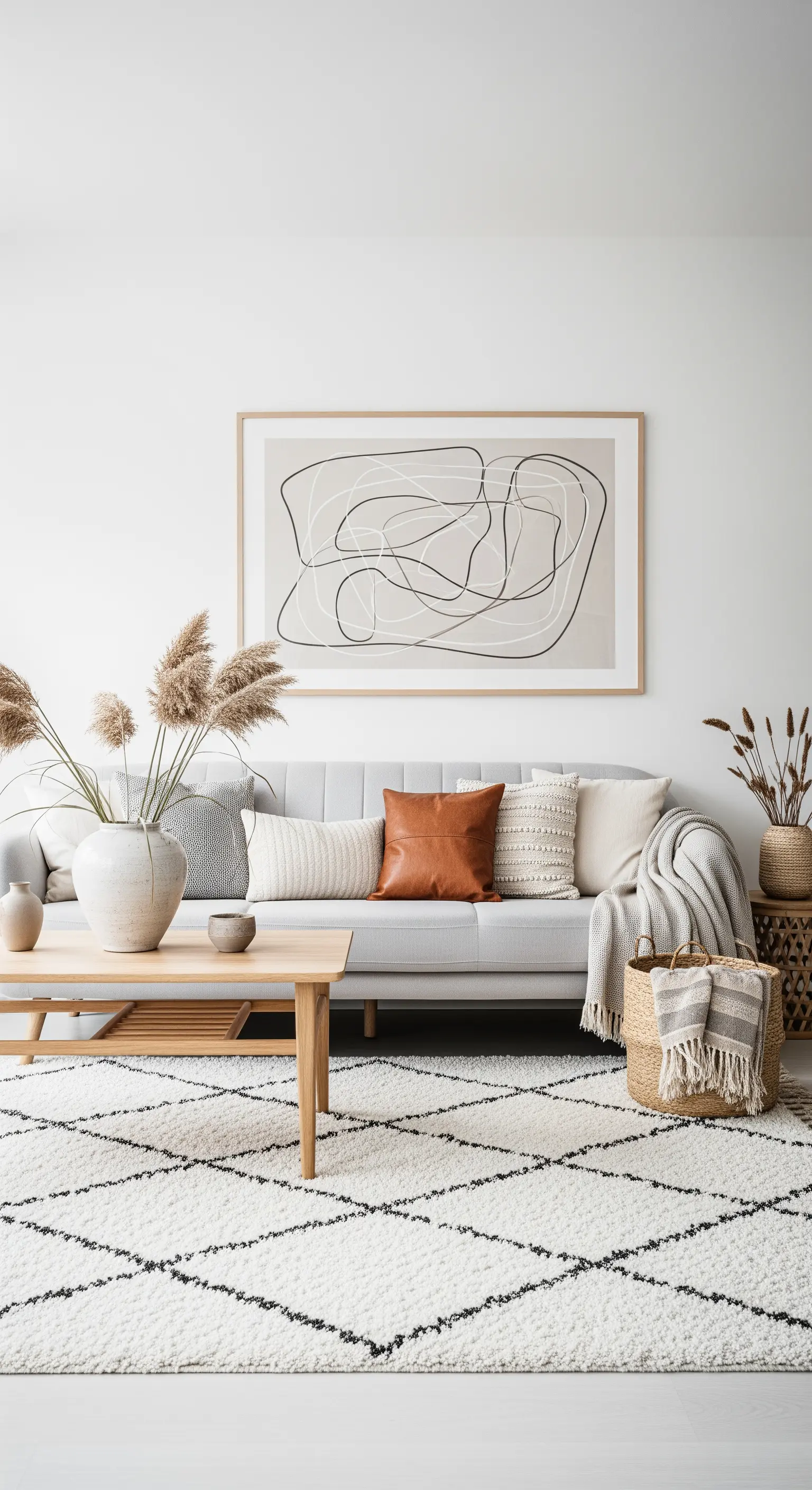 Helles, minimalistisches Boho-Wohnzimmer mit beigem Sofa, Pampasgras und abstraktem Bild.