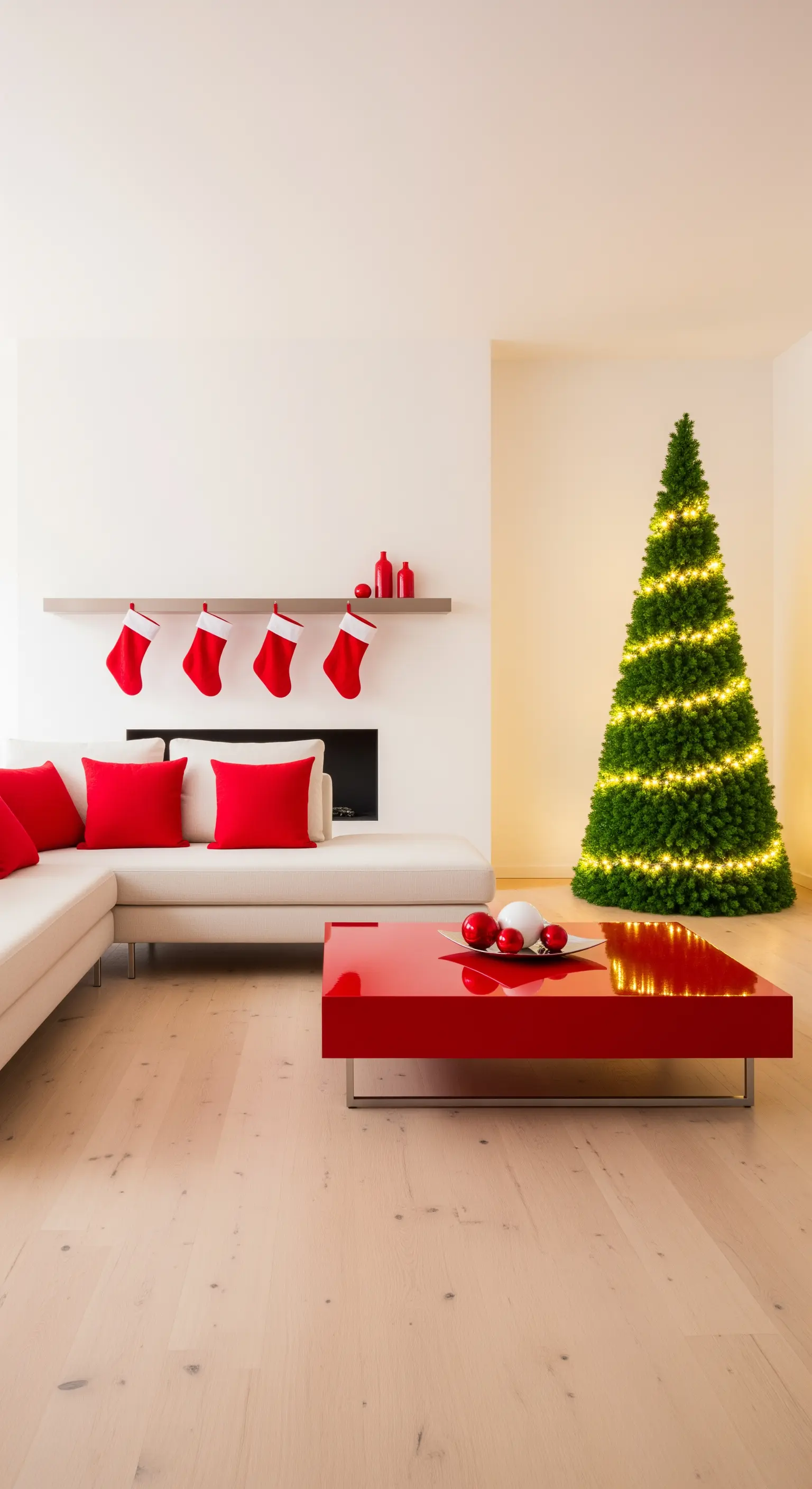 Minimalistische Weihnachtsdeko, rote Akzente, schlichter Baum