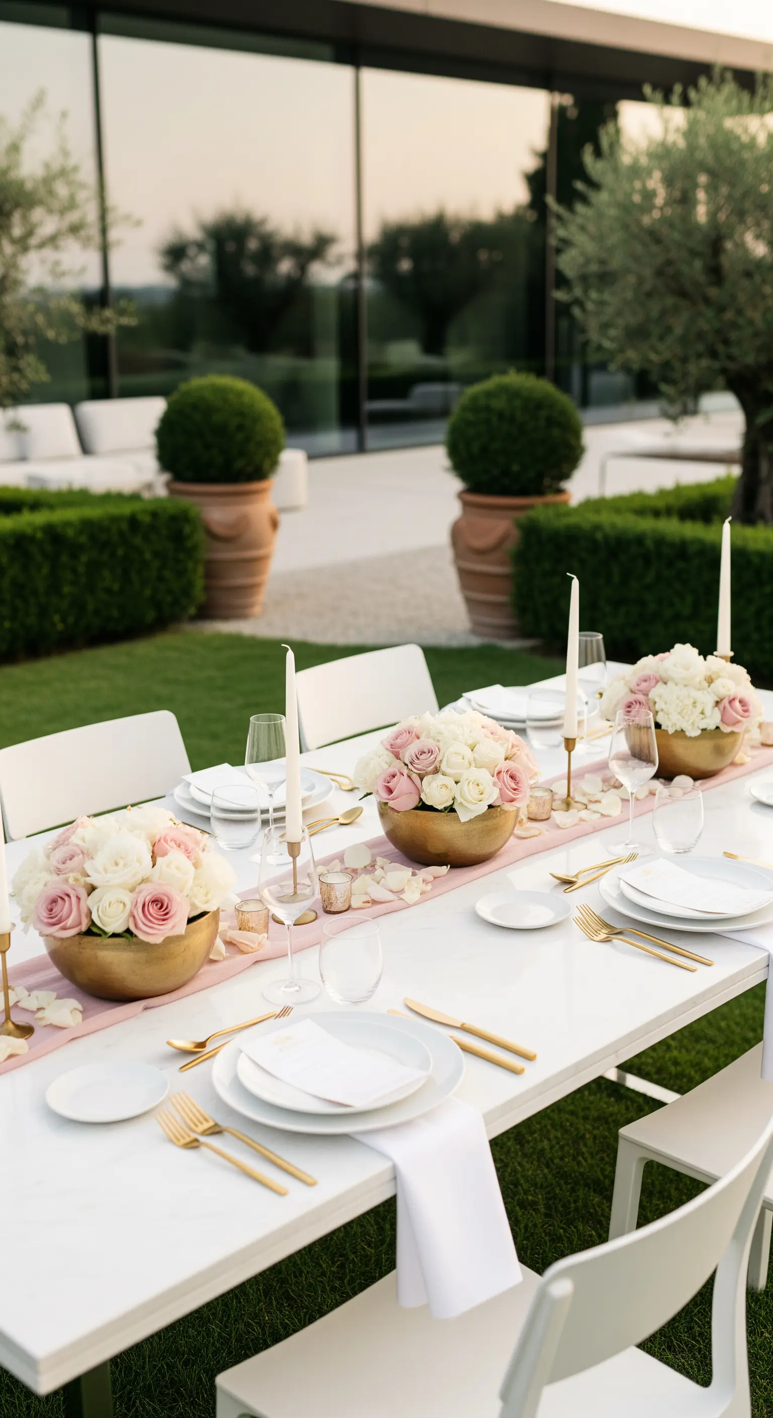 Weißer Tisch mit rosa und weißen Rosen in goldenen Schalen, moderner Outdoor-Stil.