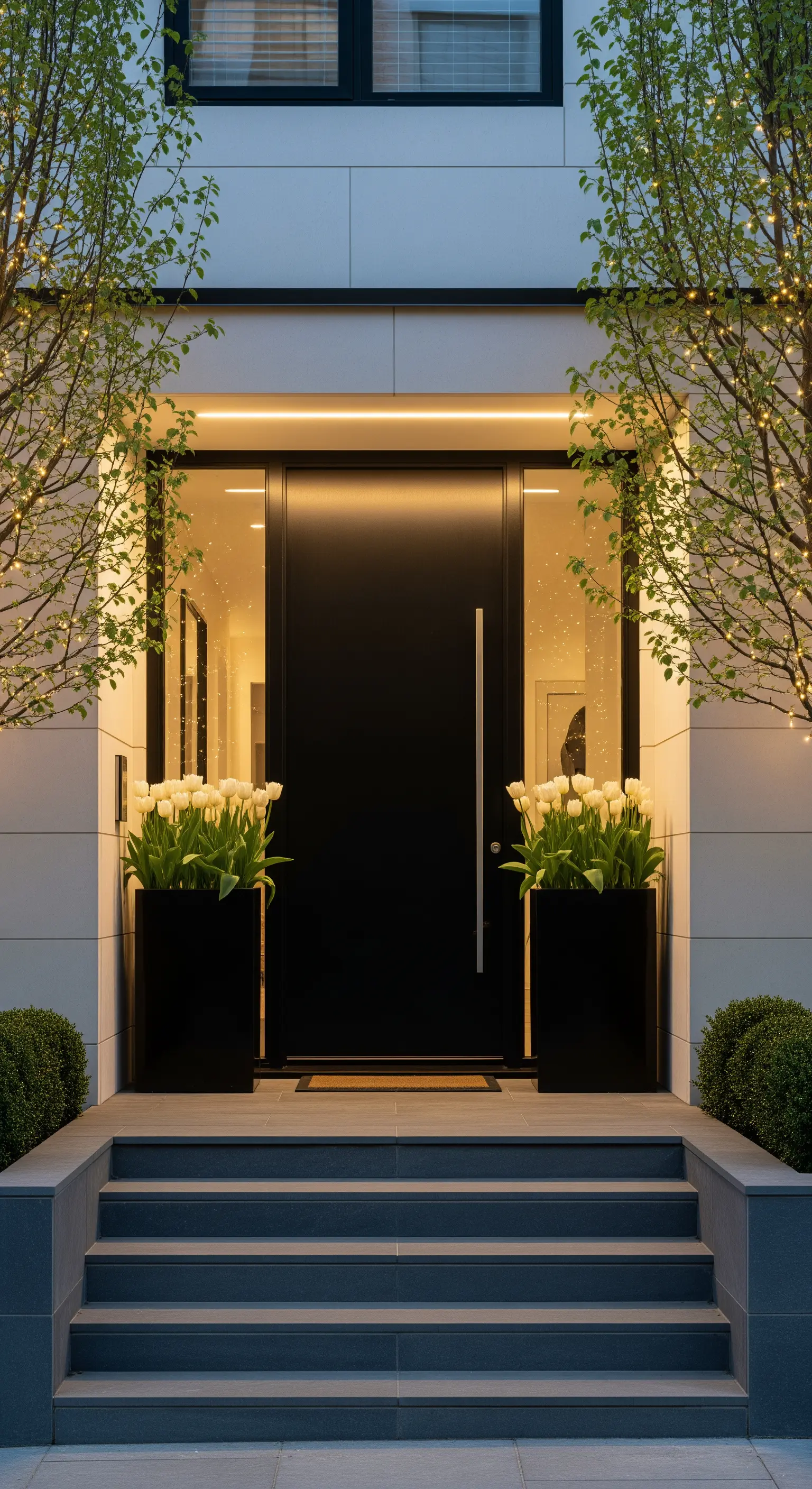 Moderner Eingang, schwarze Tür, weiße Tulpen, LED Licht, minimalistisch