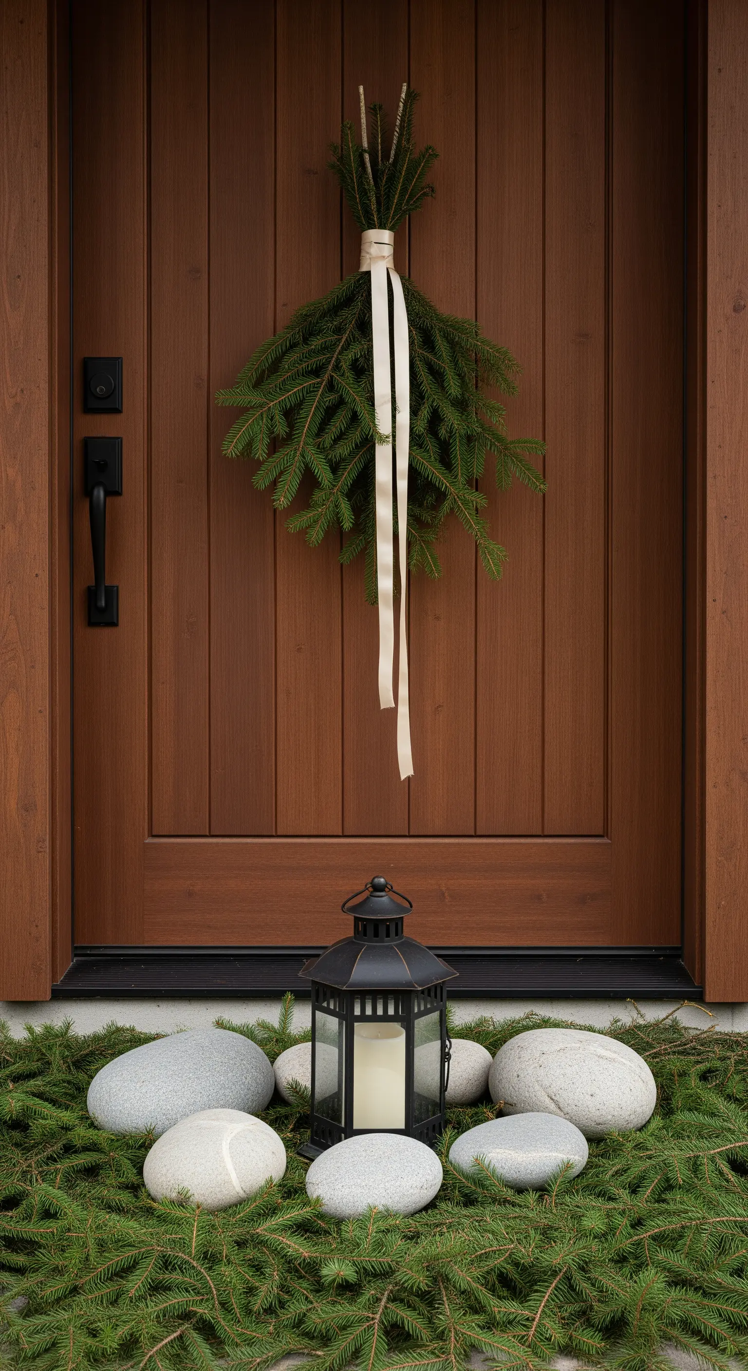 Holztür mit Tannengrün-Bund, Flusssteinen und einer schwarzen Laterne.