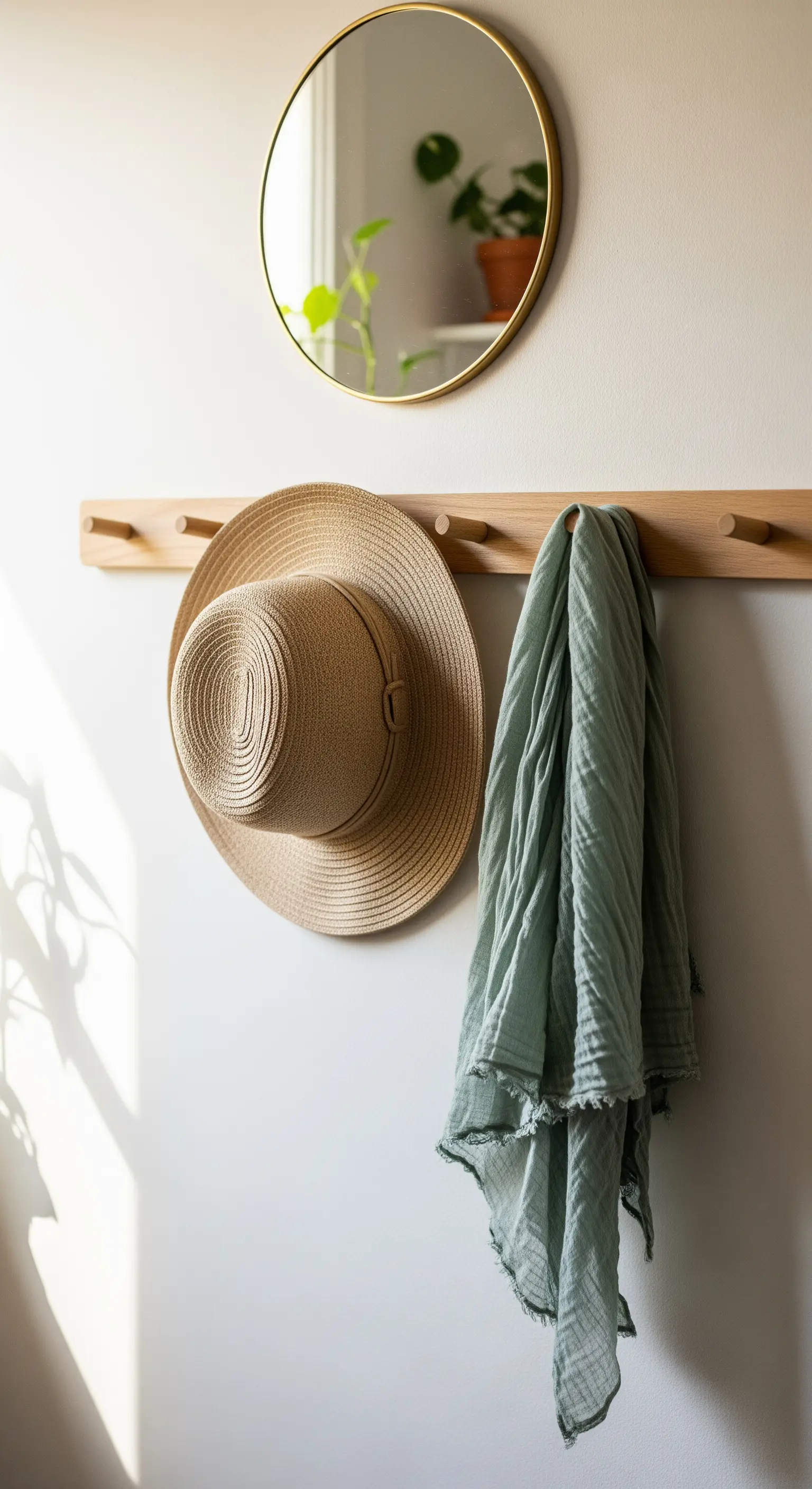 Eingangsbereich mit Holzhakenleiste, Strohhut, mintgrünem Schal und Goldspiegel.