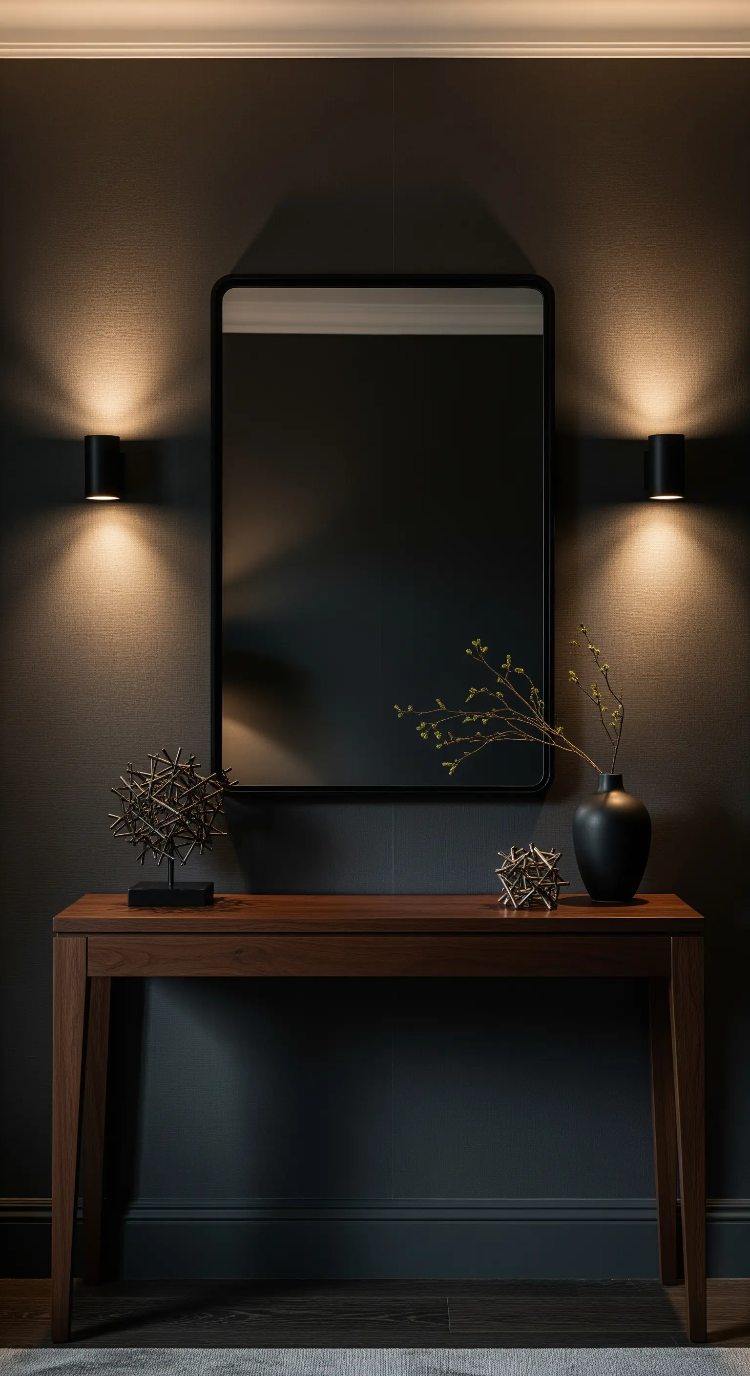 Eingangsbereich mit Konsolentisch, Spiegel und zwei Wandleuchten