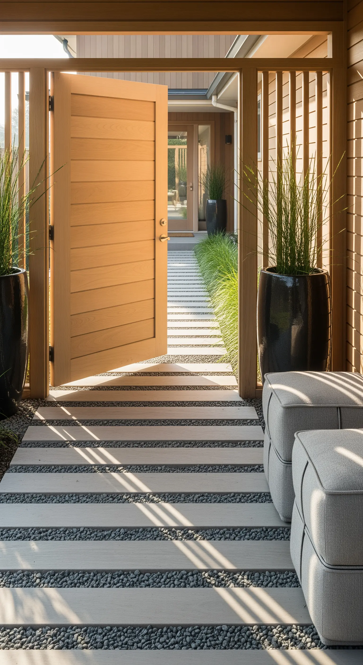 Japandi Eingang mit Holztor, Betonpfad und Gräsern in Keramik