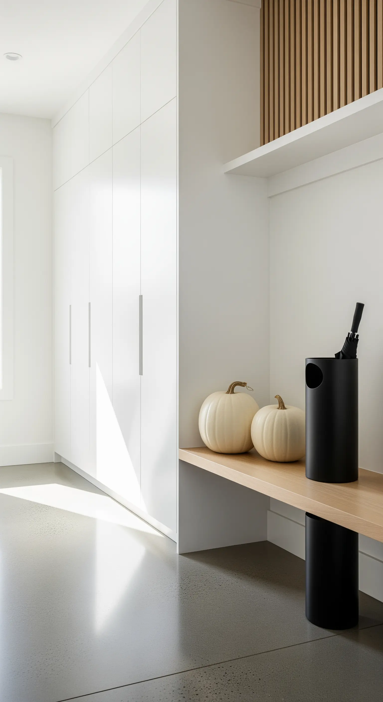 Eingangsbereich mit Holzbank, weißen Kürbissen und schwarzem Schirmständer