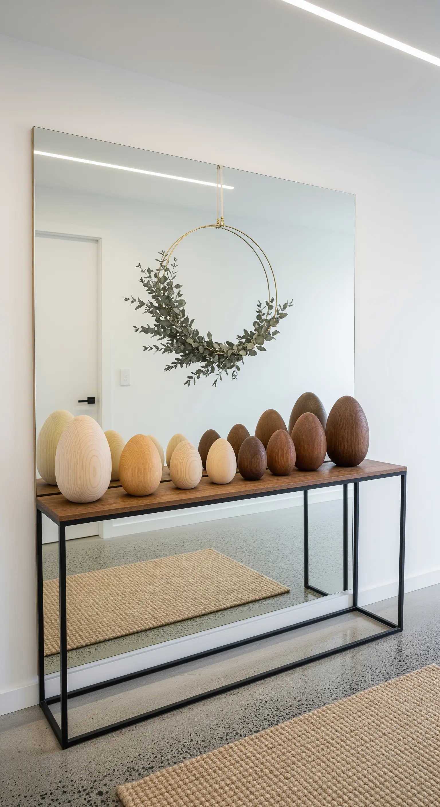 Konsolentisch mit Holz-Eiern und Spiegel mit Eukalyptus-Kranz im Eingangsbereich