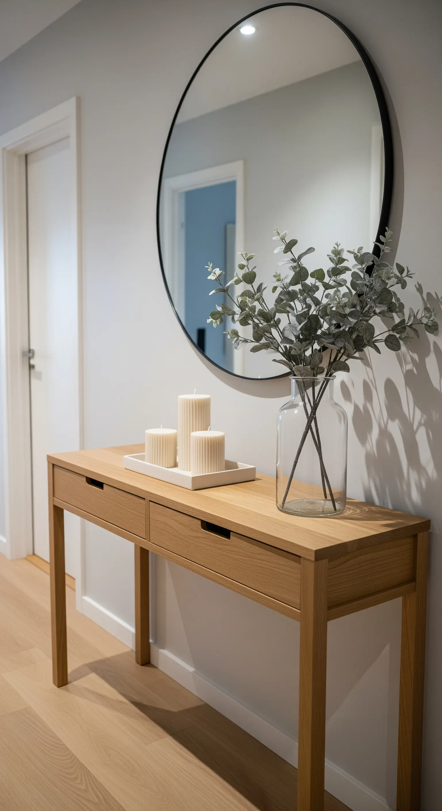 Minimalistische Holzkonsole mit rundem Spiegel, Kerzen und Eukalyptus