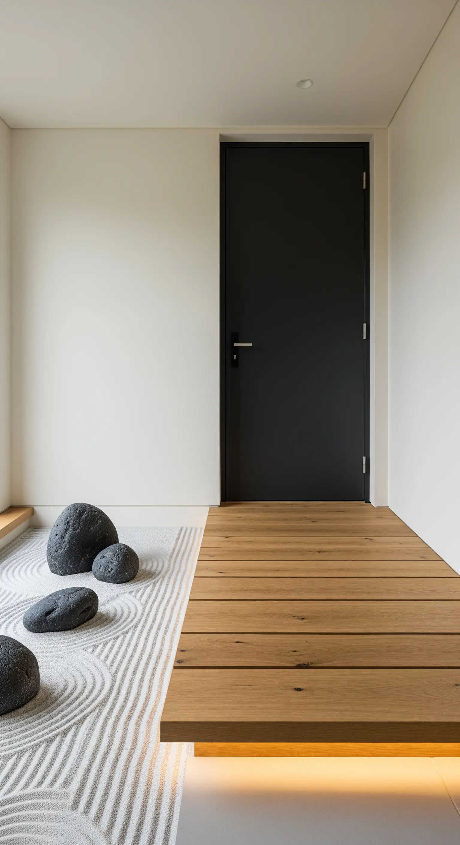 Japandi Eingang mit Sandgarten, schwarzem Gestein und beleuchteter Holzplattform
