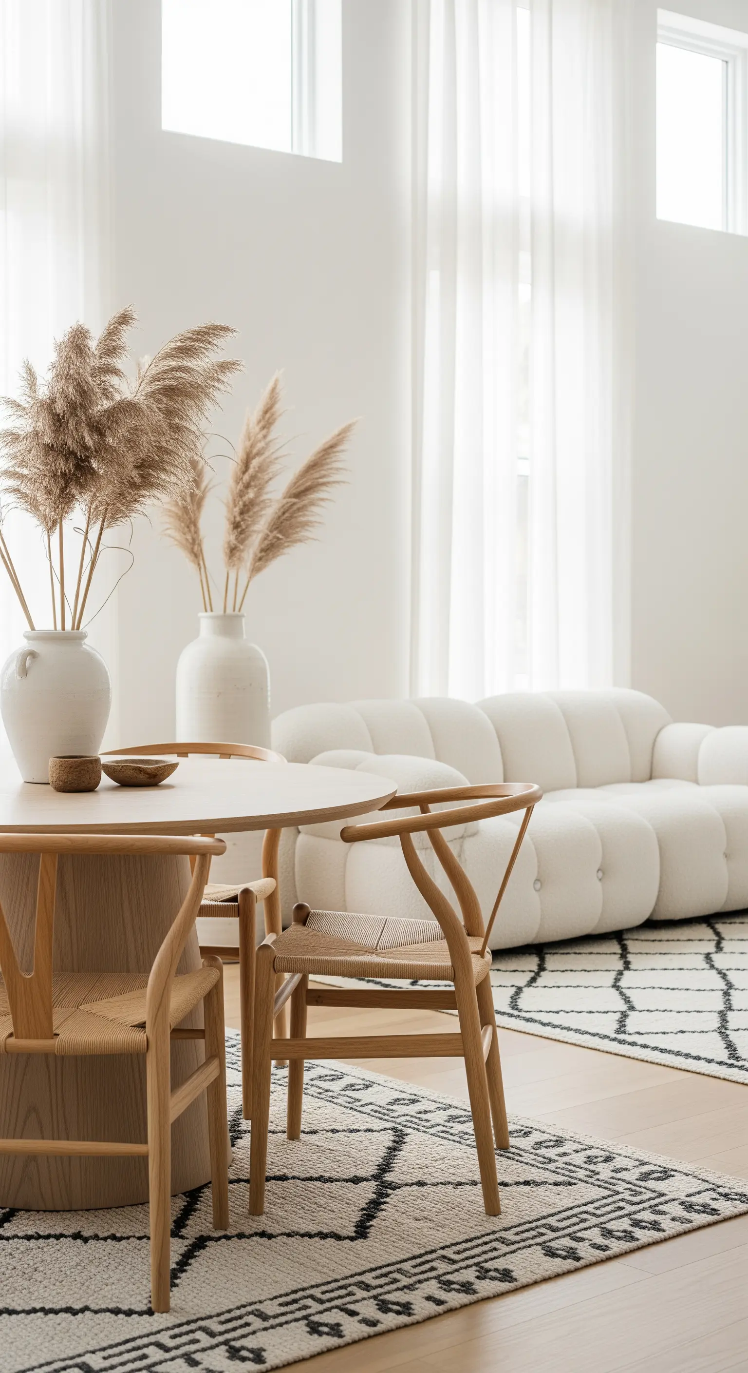 Heller Essbereich, Pampasgras in weißen Vasen und Holztisch