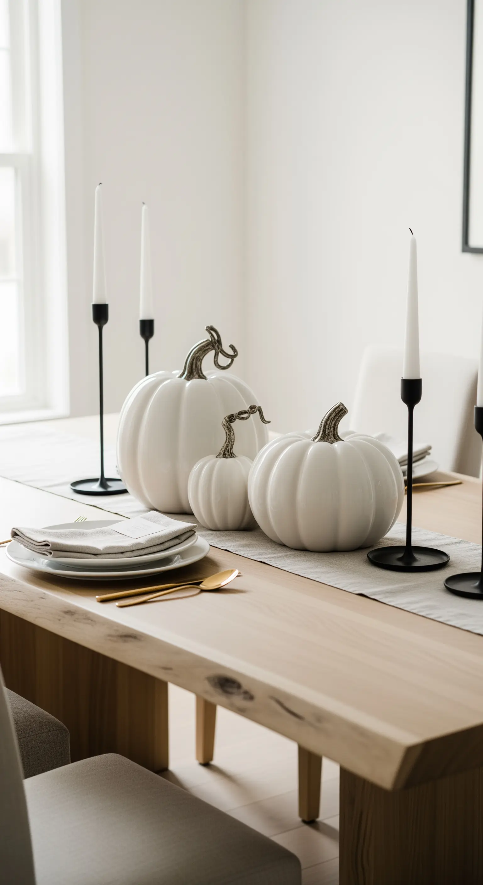Esstisch Deko mit weißen Kürbissen, schwarzen Kerzenleuchtern, goldenem Besteck