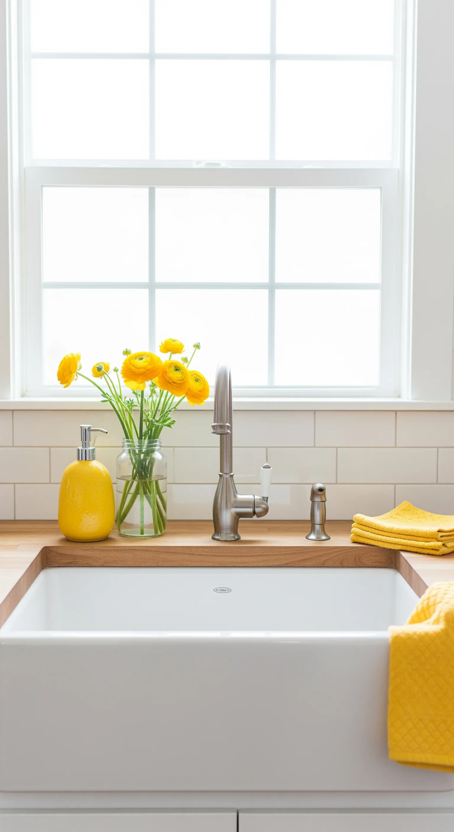 Gelber Seifenspender und gelbe Blumen am Küchenspülbecken