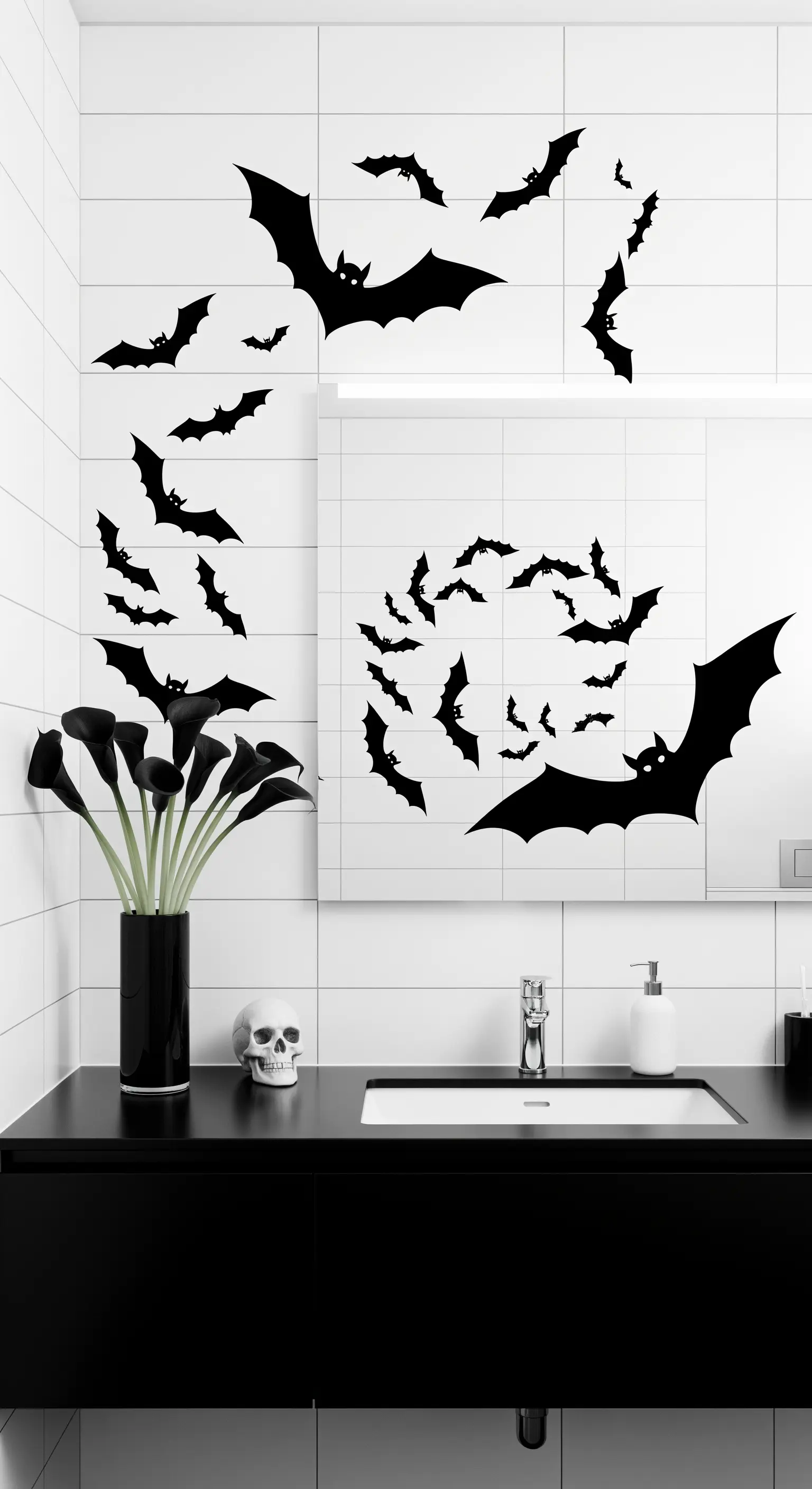 Badezimmer mit Fledermaus-Wandstickern, schwarzen Calla-Lilien und Totenkopf-Deko
