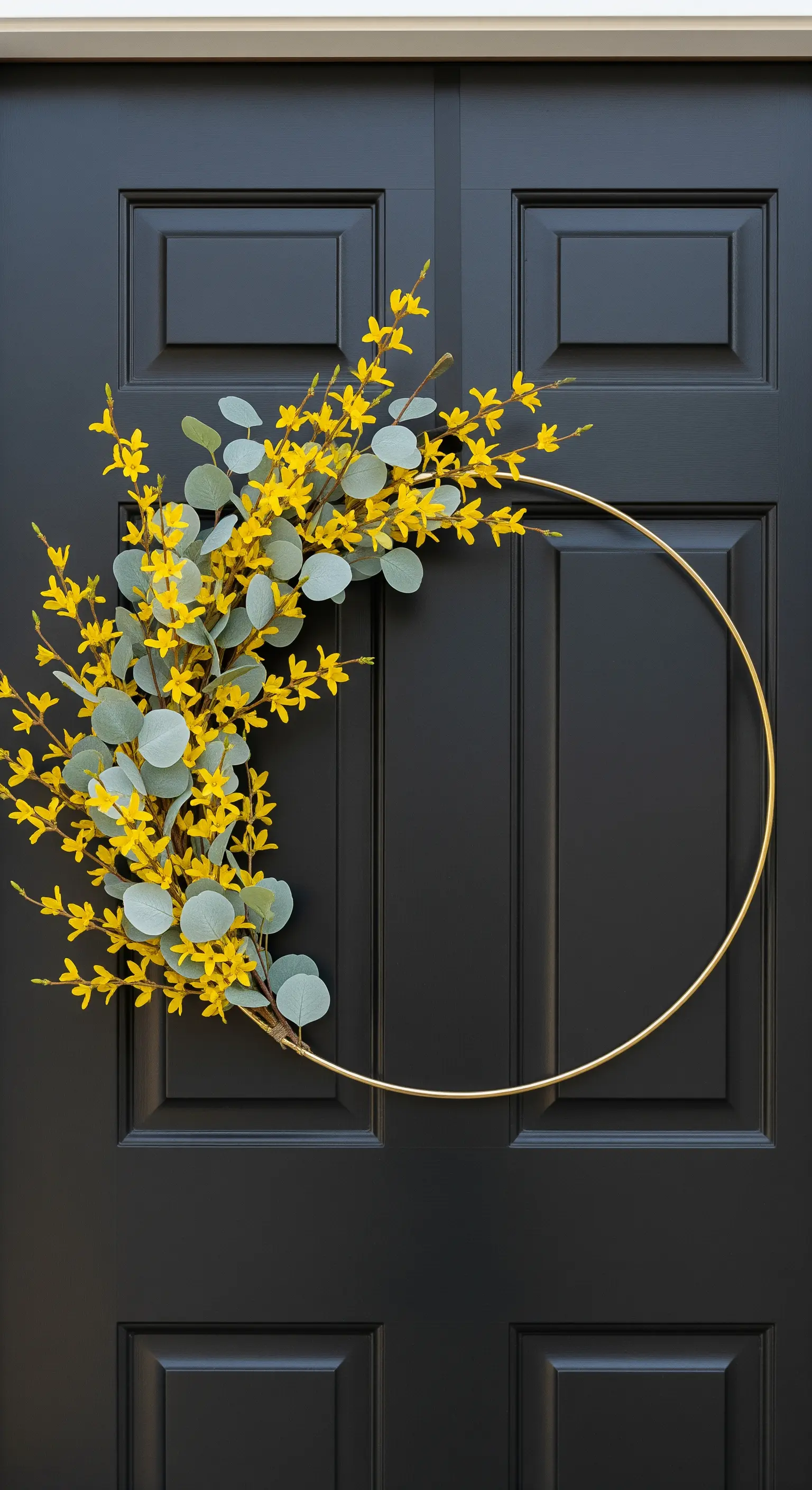 Goldener Metallreif mit asymmetrischer Anordnung von Forsythien- und Eukalyptuszweigen auf schwarzer Tür.
