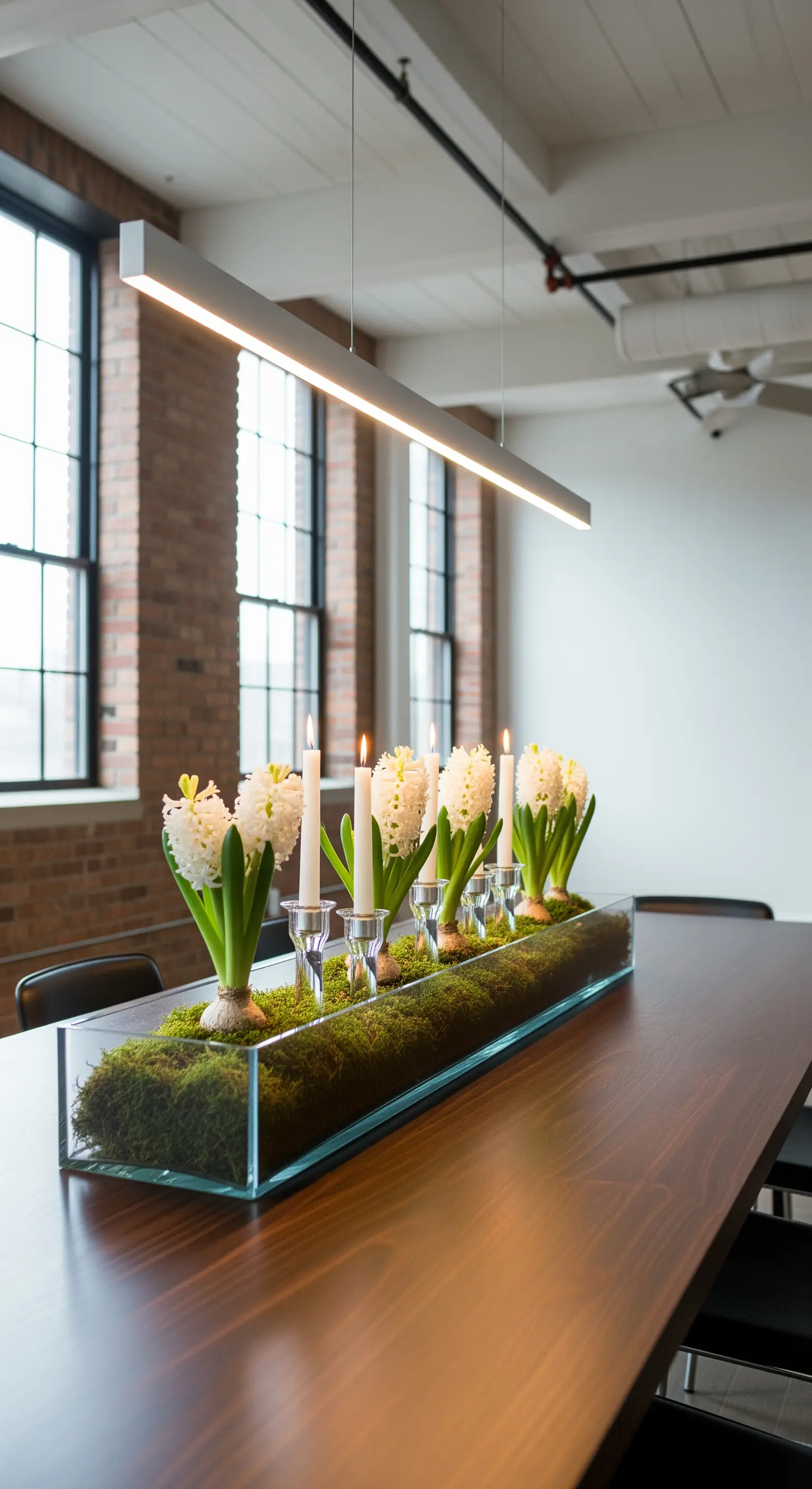 Weiße Hyazinthen und Kerzen auf Moos in langem Glasbehälter