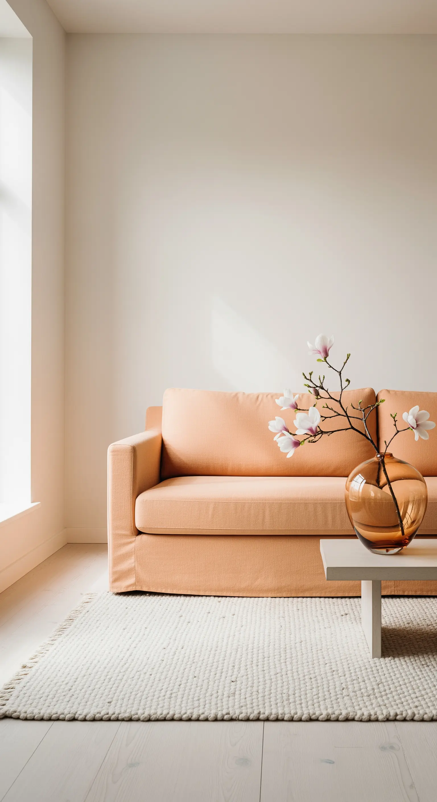 Pfirsichfarbenes Sofa, weiße Wände, Magnolienzweig in bernsteinfarbener Vase