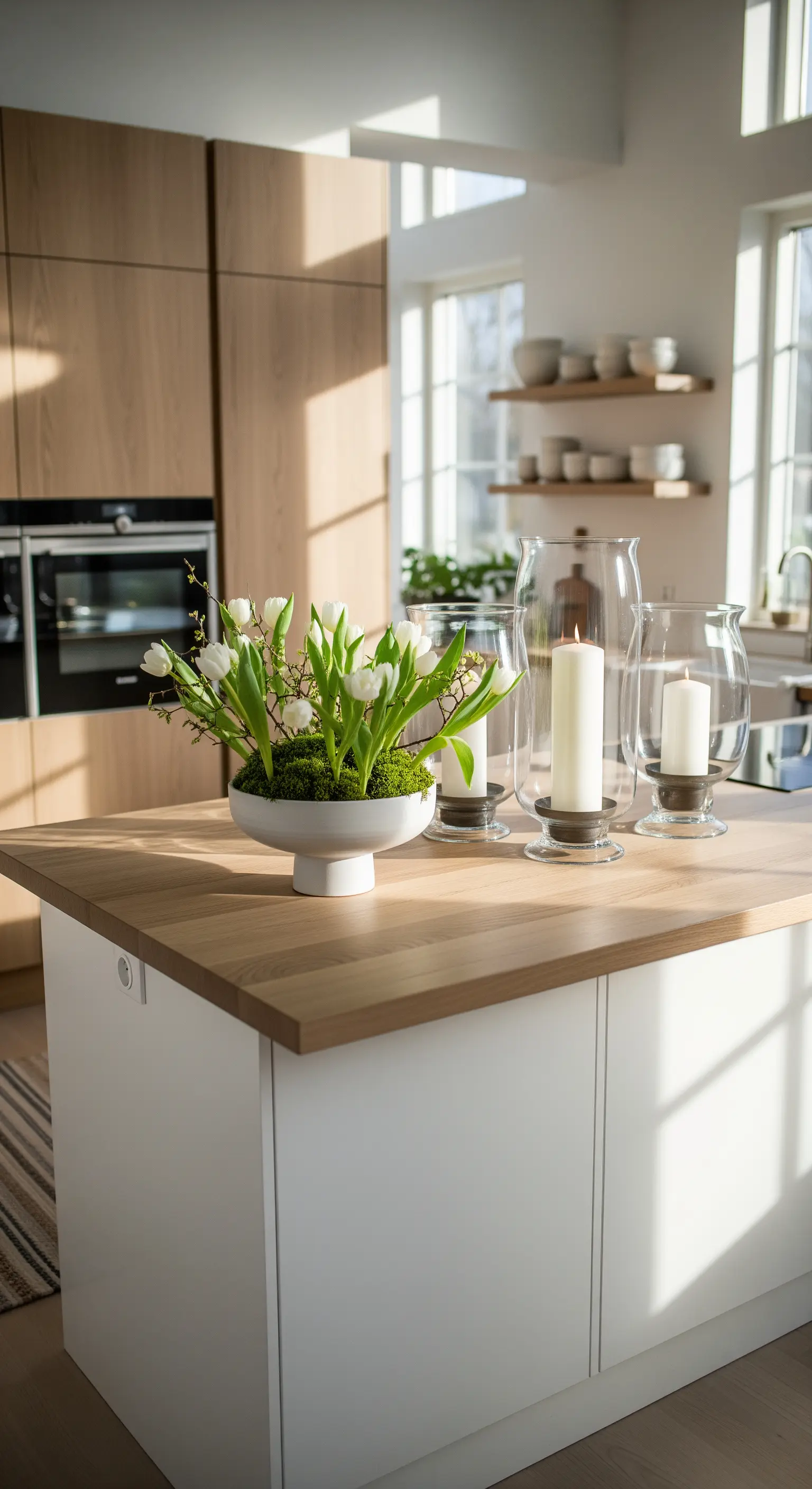 Weiße Tulpen in Schale mit Moos, weiße Kerzen in hohen Windlichtern auf Holzarbeitsplatte