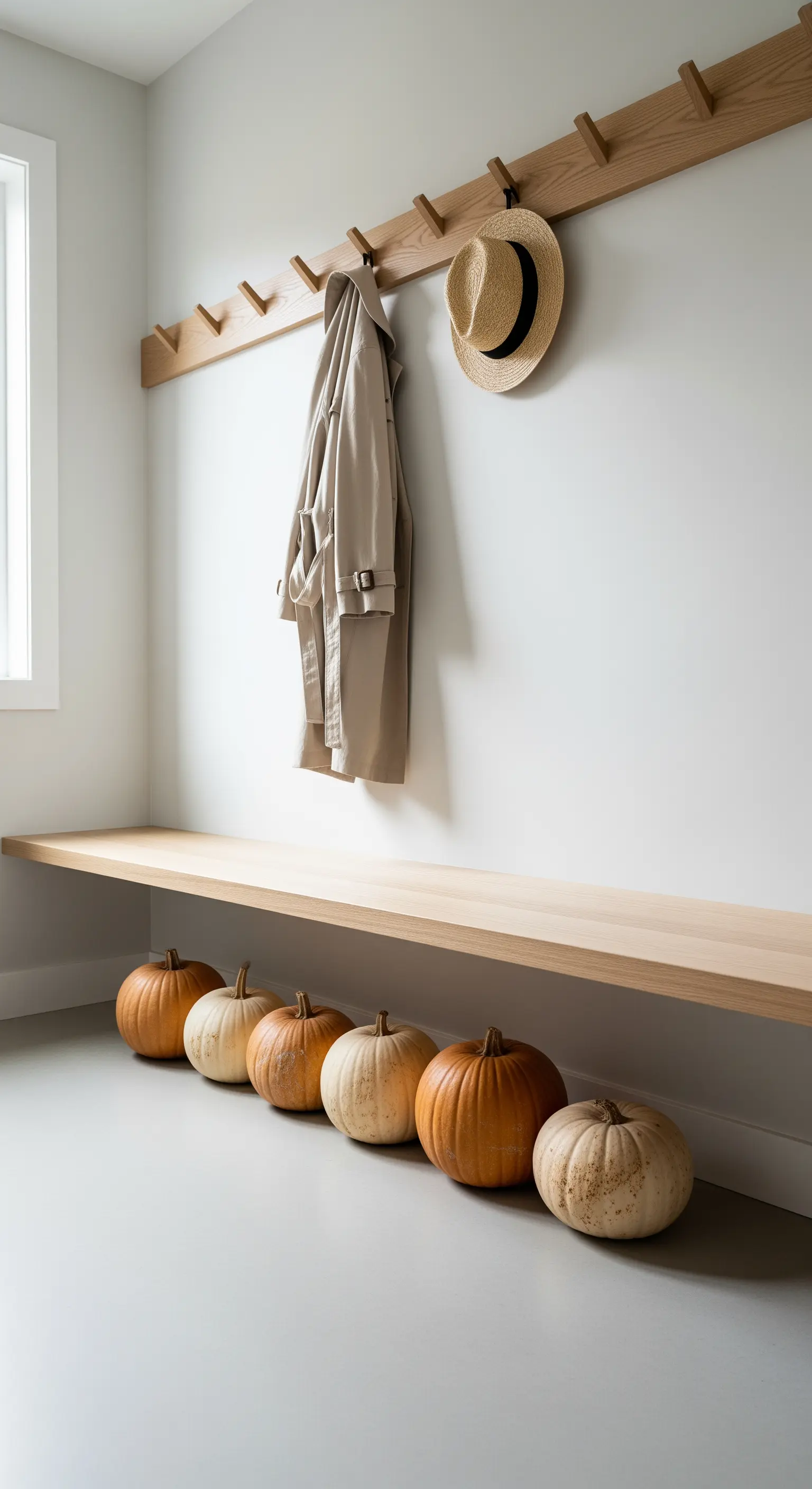 Garderobenbereich mit Holzbank, Garderobenleiste und einer Reihe beiger und orangefarbener Kürbisse.