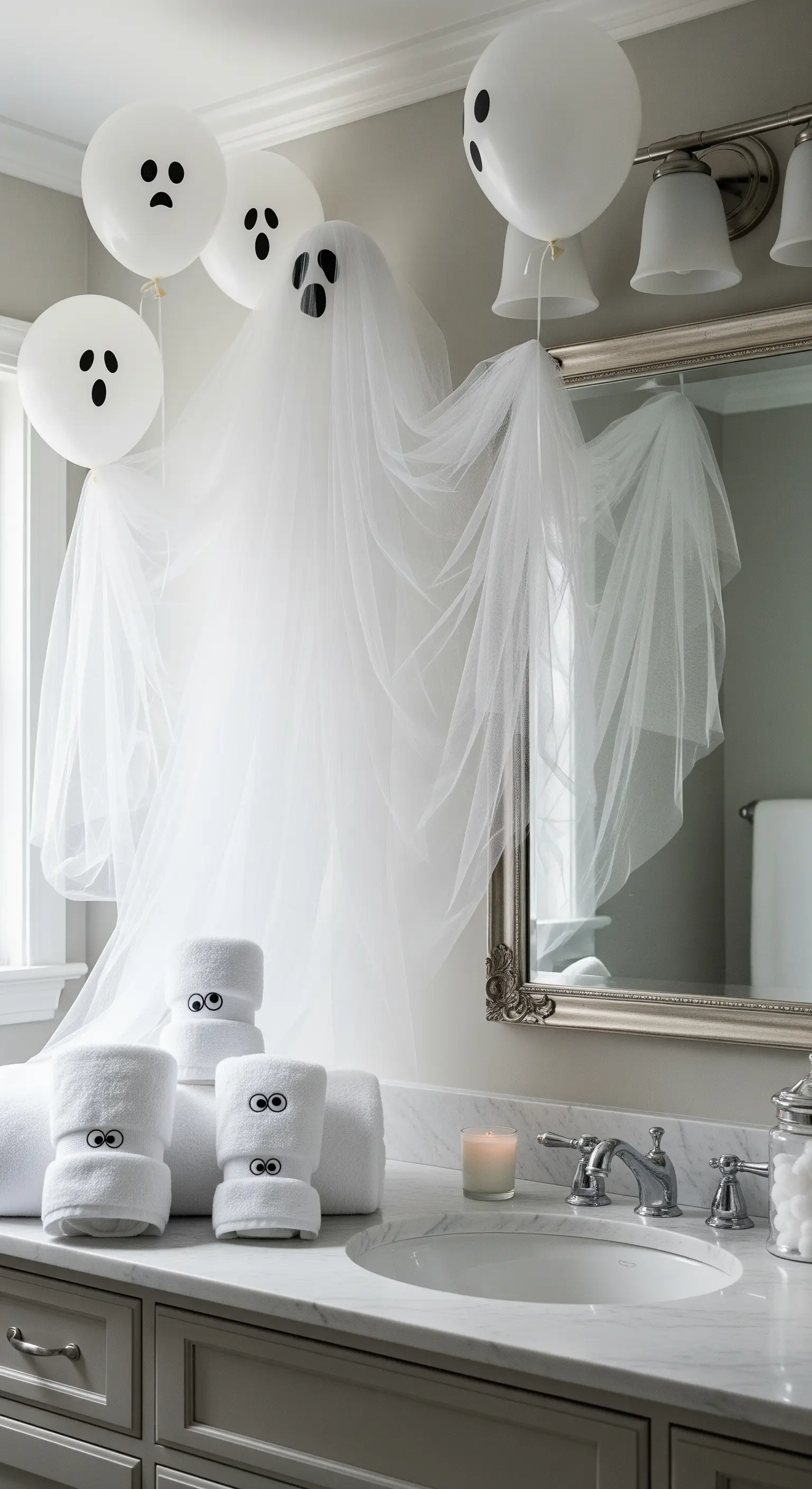 Badezimmer mit schwebendem Tüllgeist, Geisterballons und Handtuch-Gespenstern