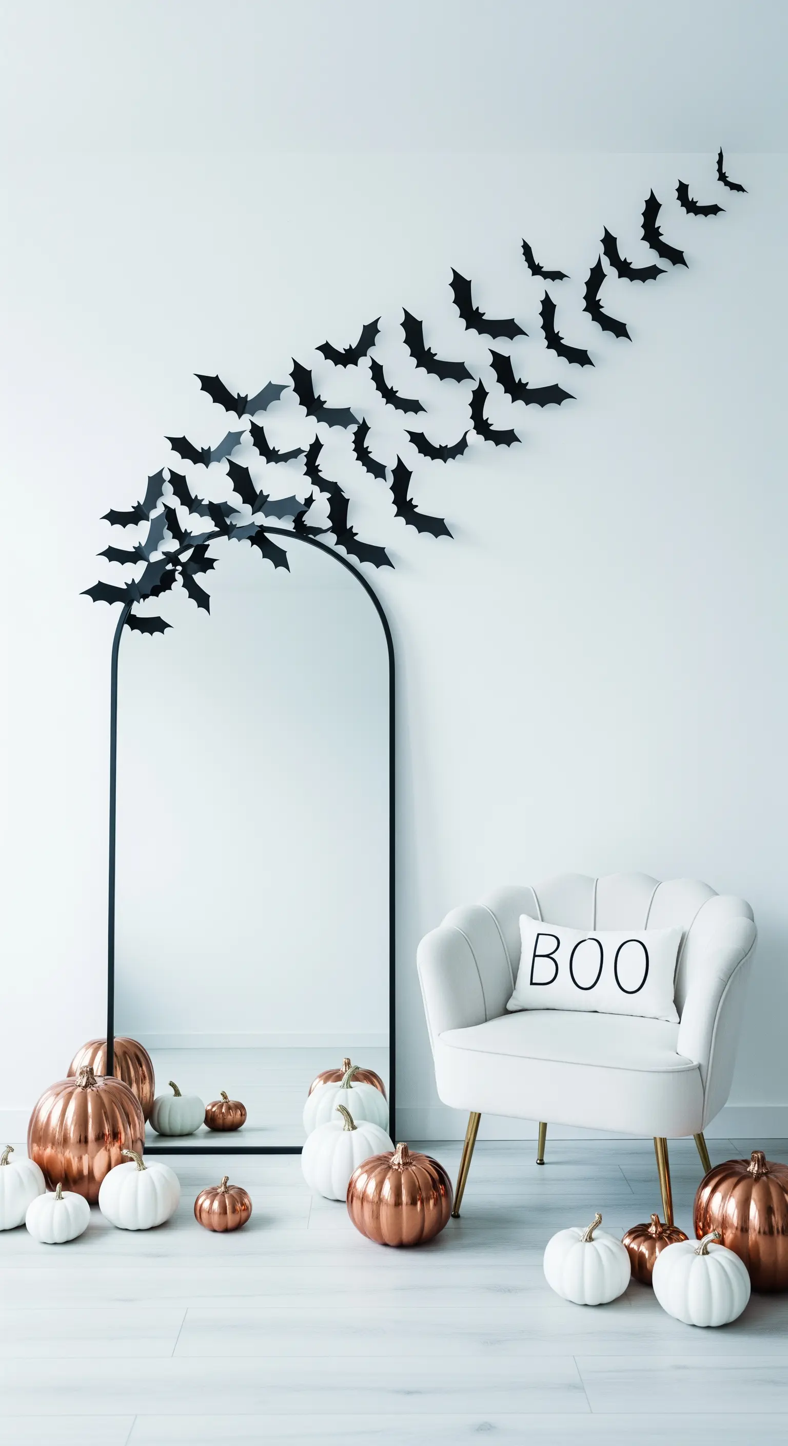 Bogenförmiger Standspiegel mit Fledermaus-Wanddeko und weißen/kupfernen Kürbissen