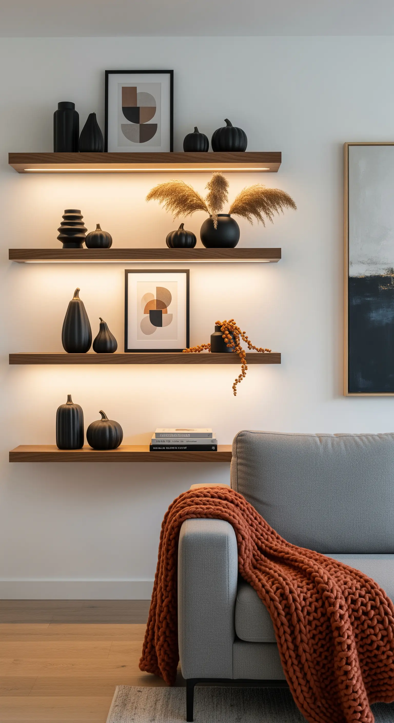 Minimalistische Regale mit LED-Beleuchtung, schwarzen Kürbissen und Pampasgras