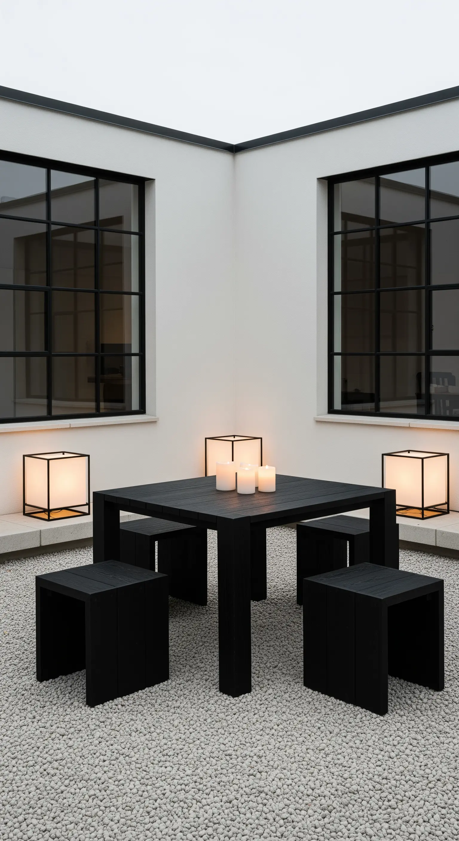 Kleiner Hof, schwarzer Holztisch, Kastenlaternen, Japandi