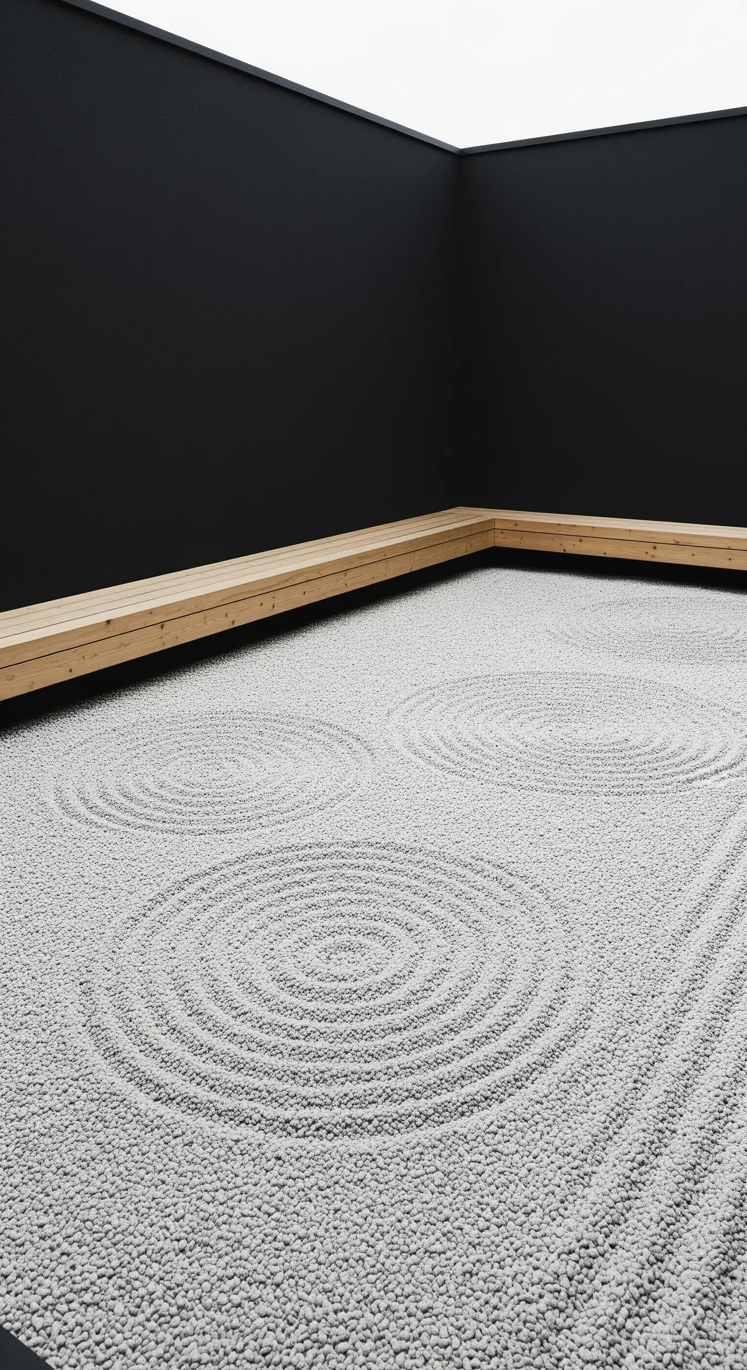 Minimalistischer Hof mit mehreren gerakten Kieskreisen