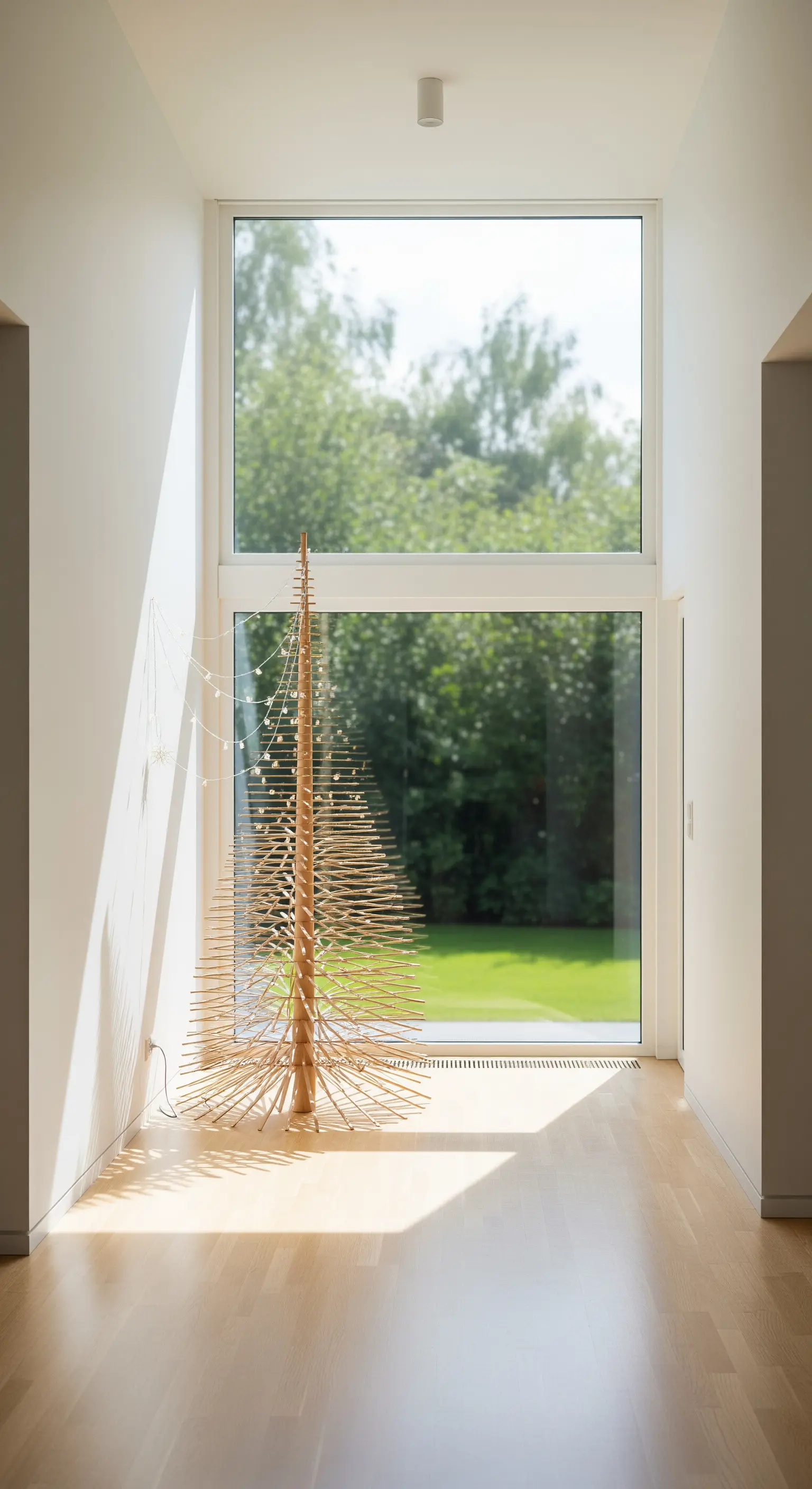 Hoher Flur mit großem, stilisiertem Holz-Weihnachtsbaum und großen Fenstern