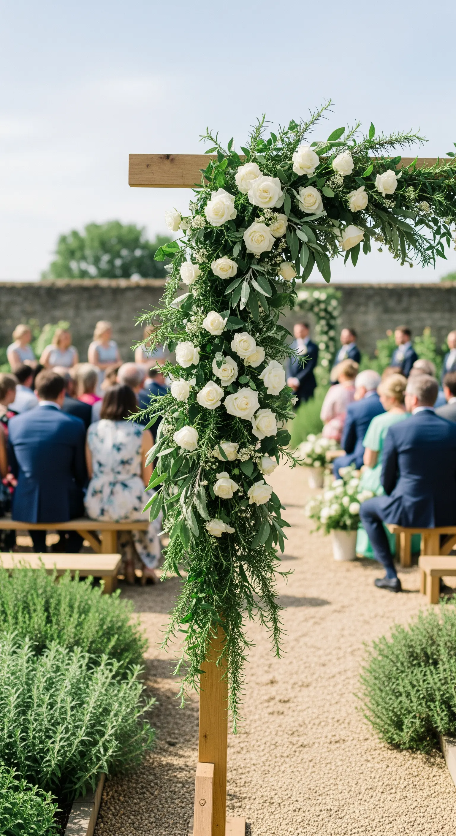 Minimalistische Holzpfosten mit weißen Rosen, Eukalyptus und Rosmarin als natürliche Ranken in einer Gartenumgebung.