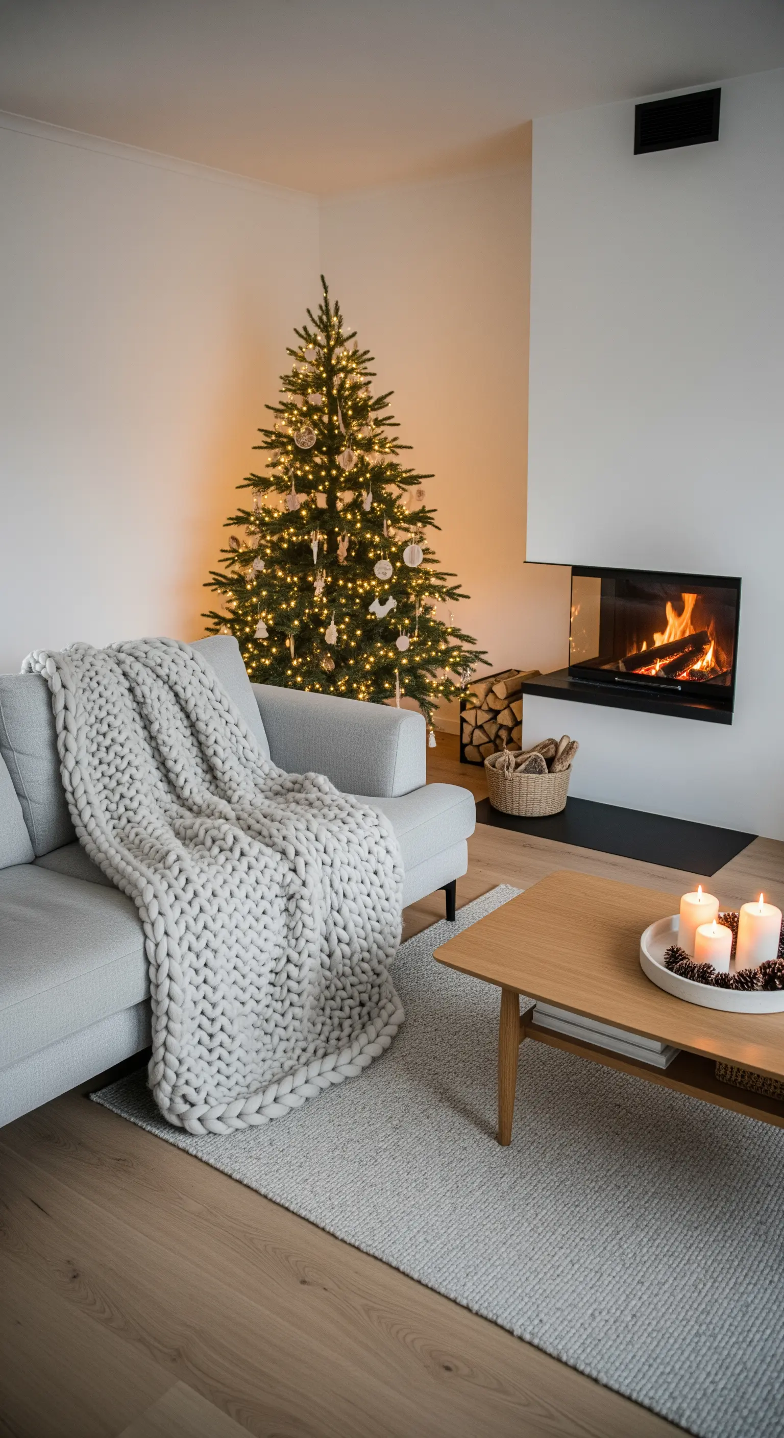 Helles Wohnzimmer mit großem Strickplaid, Weihnachtsbaum, Kamin und Kerzen.