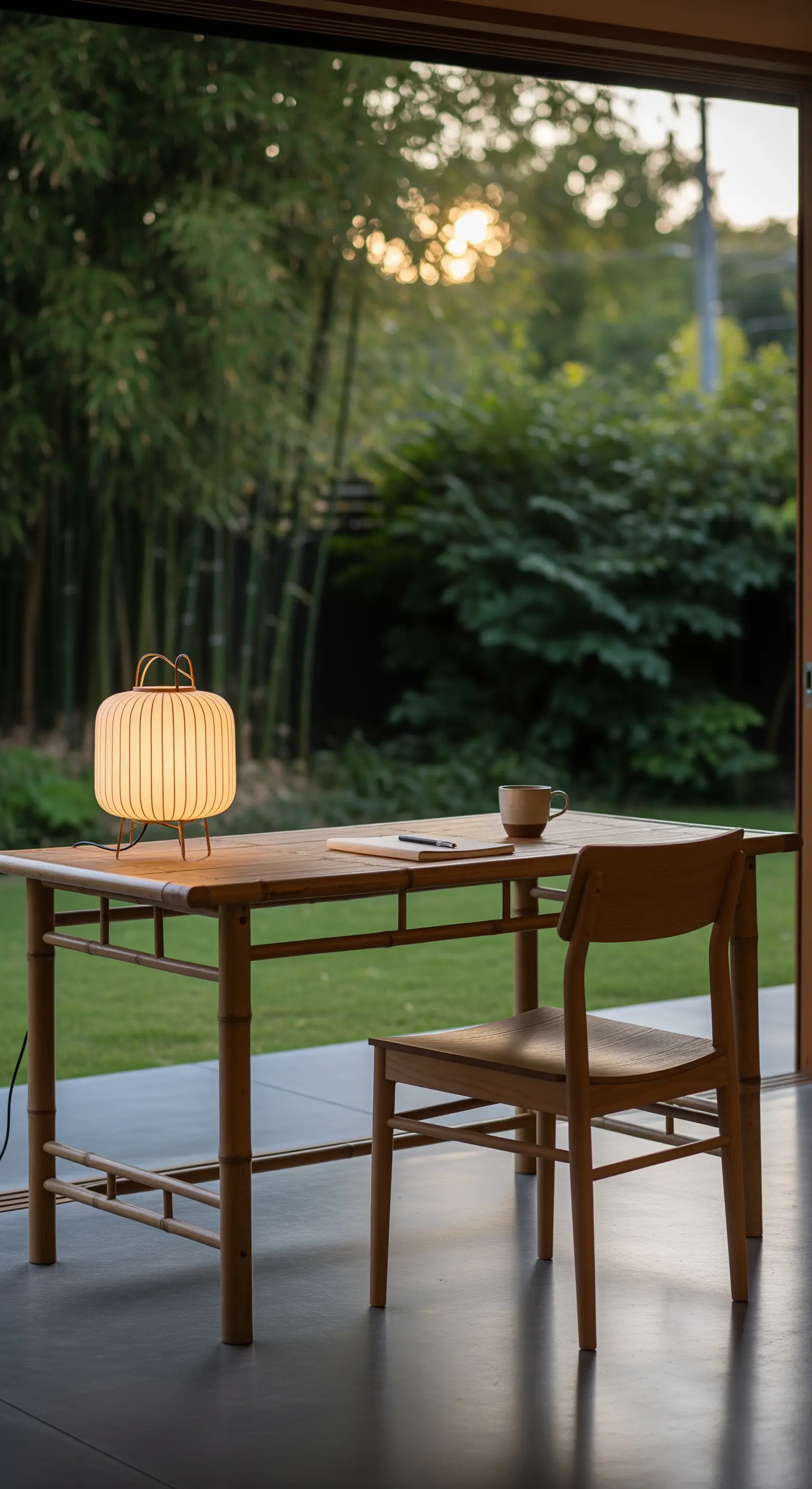 Minimalistischer Bambus-Schreibtisch mit Stuhl und Papierlaterne vor grünem Gartenblick