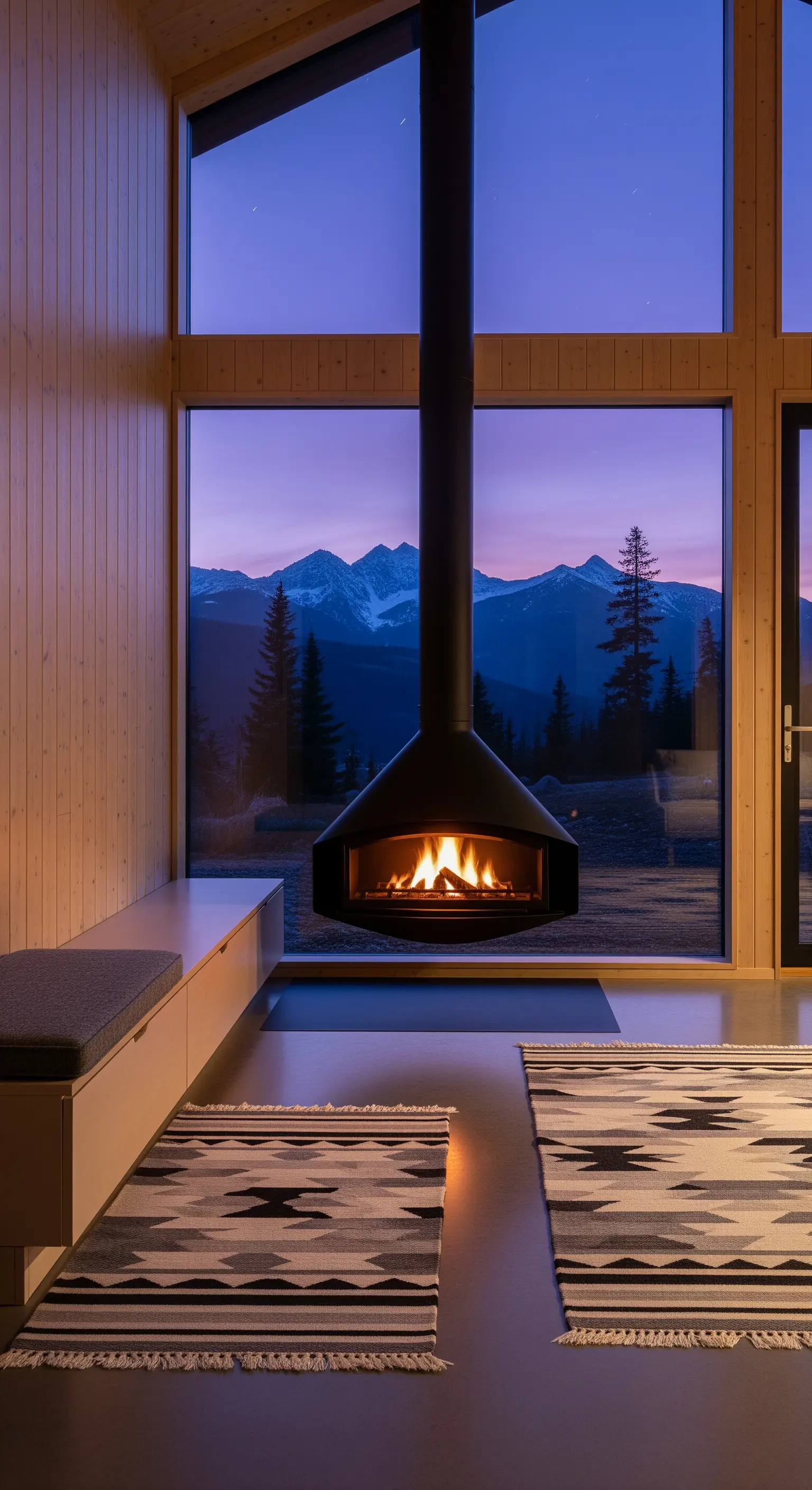 Moderner Wohnraum mit freihängendem Kamin, großen Fenstern mit Bergblick und minimalistischen Teppichen.