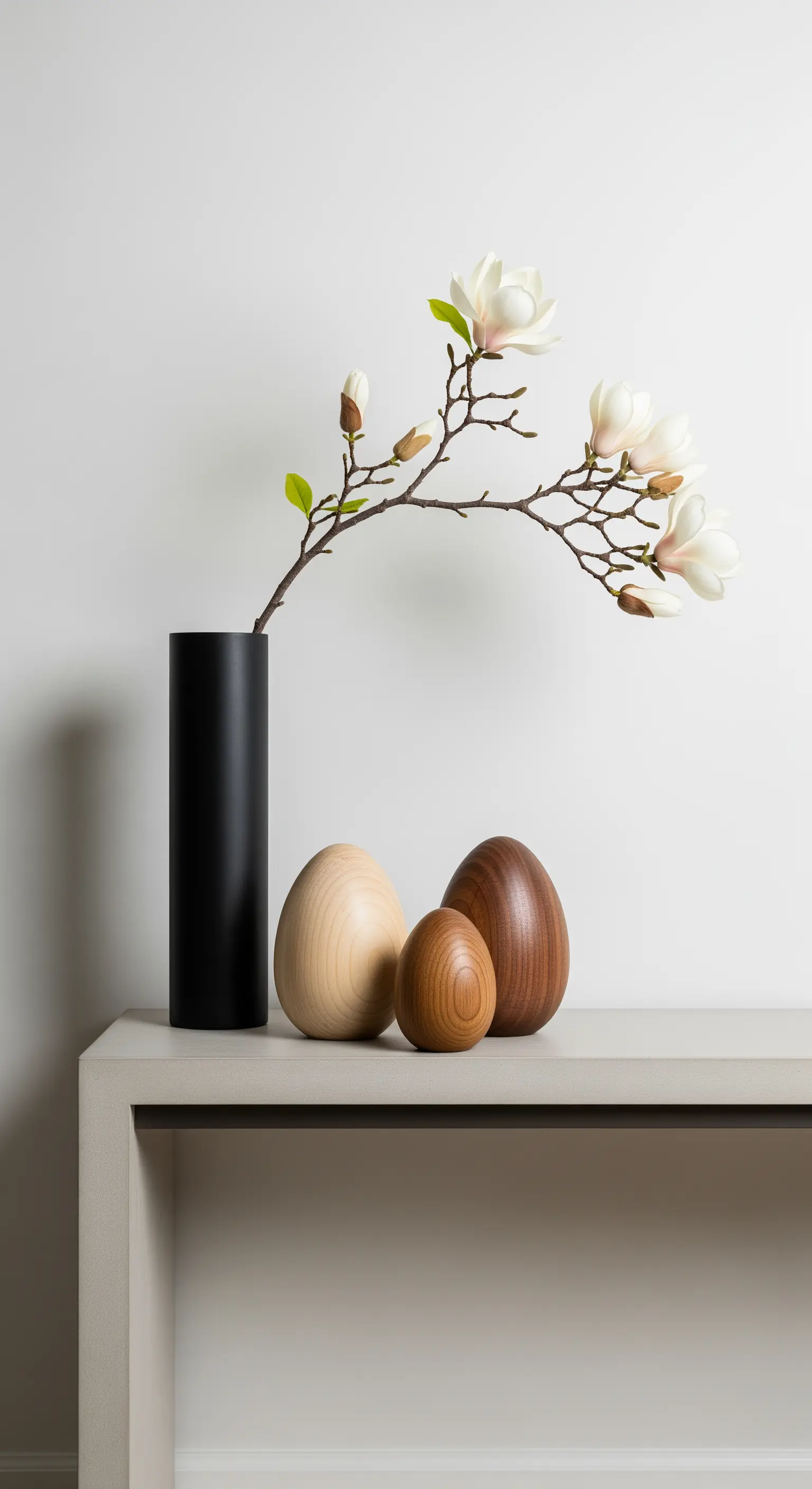 Konsolentisch mit schwarzer Vase, Magnolienzweig und Holzeiern