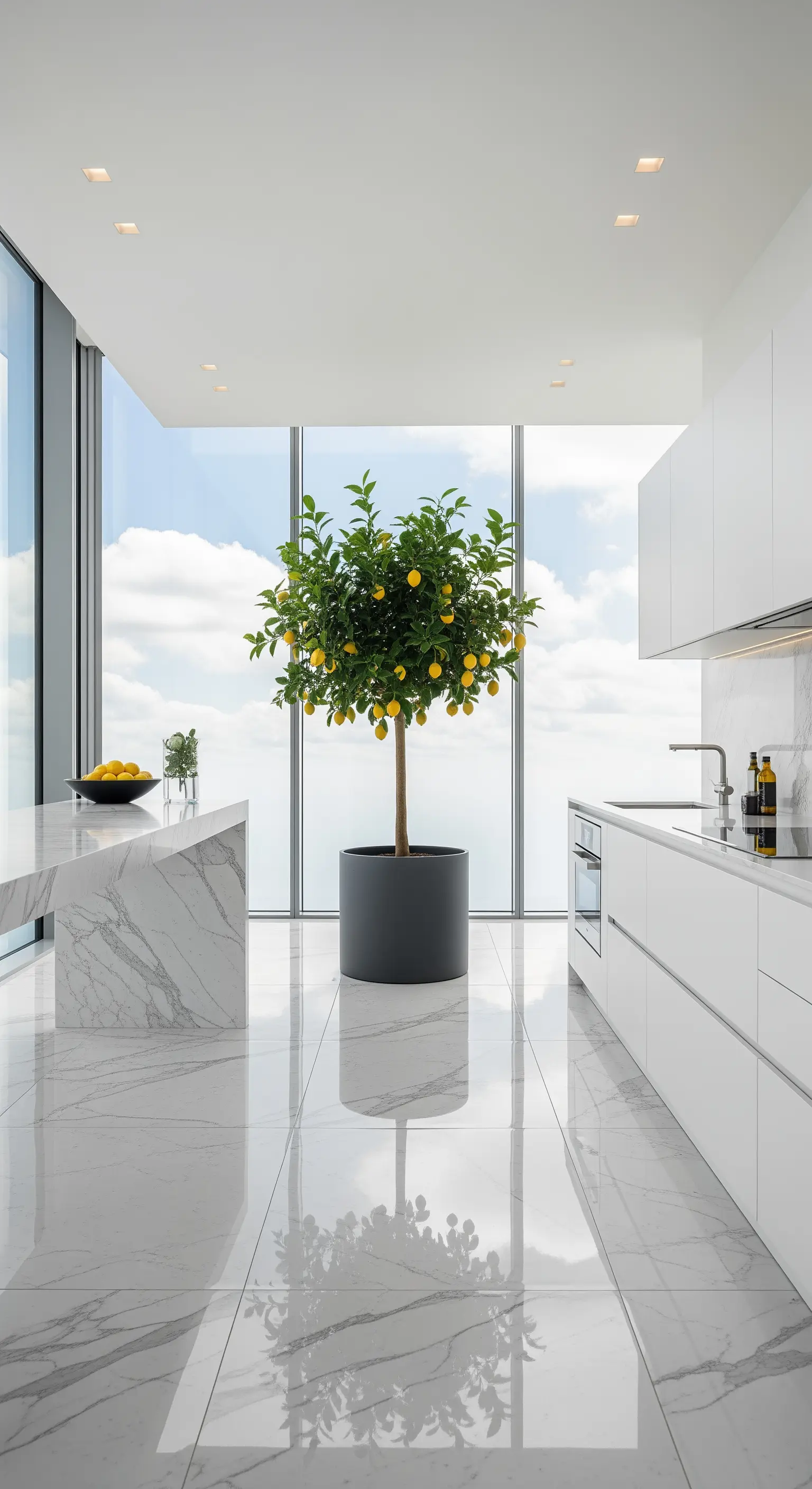 Moderner Küchenraum mit großem Zitronenbaum und Marmor