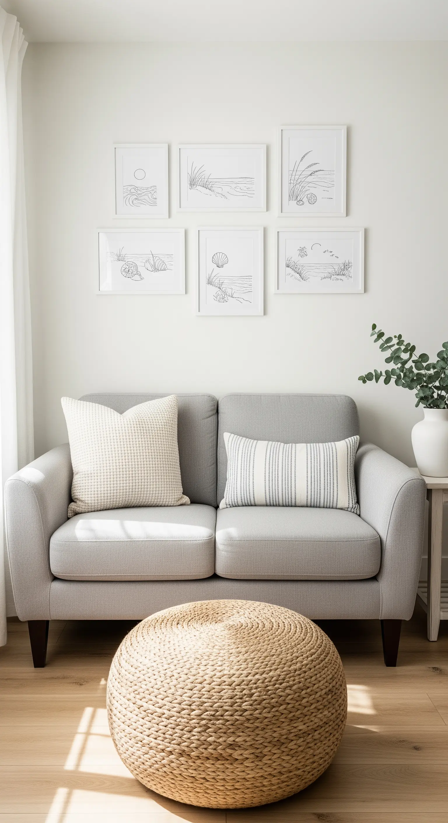 Graues Sofa, Jutepouf, Galerie-Wand mit minimalistischer Strand-Linienkunst.