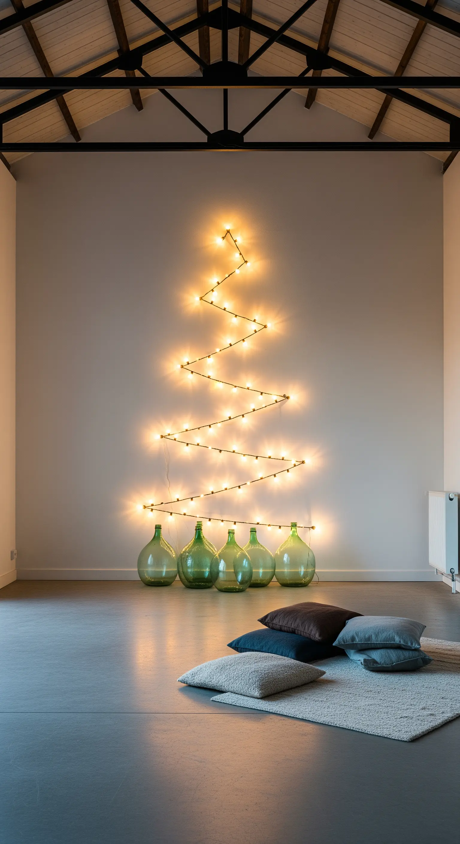 Weihnachtsbaum-Silhouette aus einer Lichterkette an der Wand mit grünen Glasvasen
