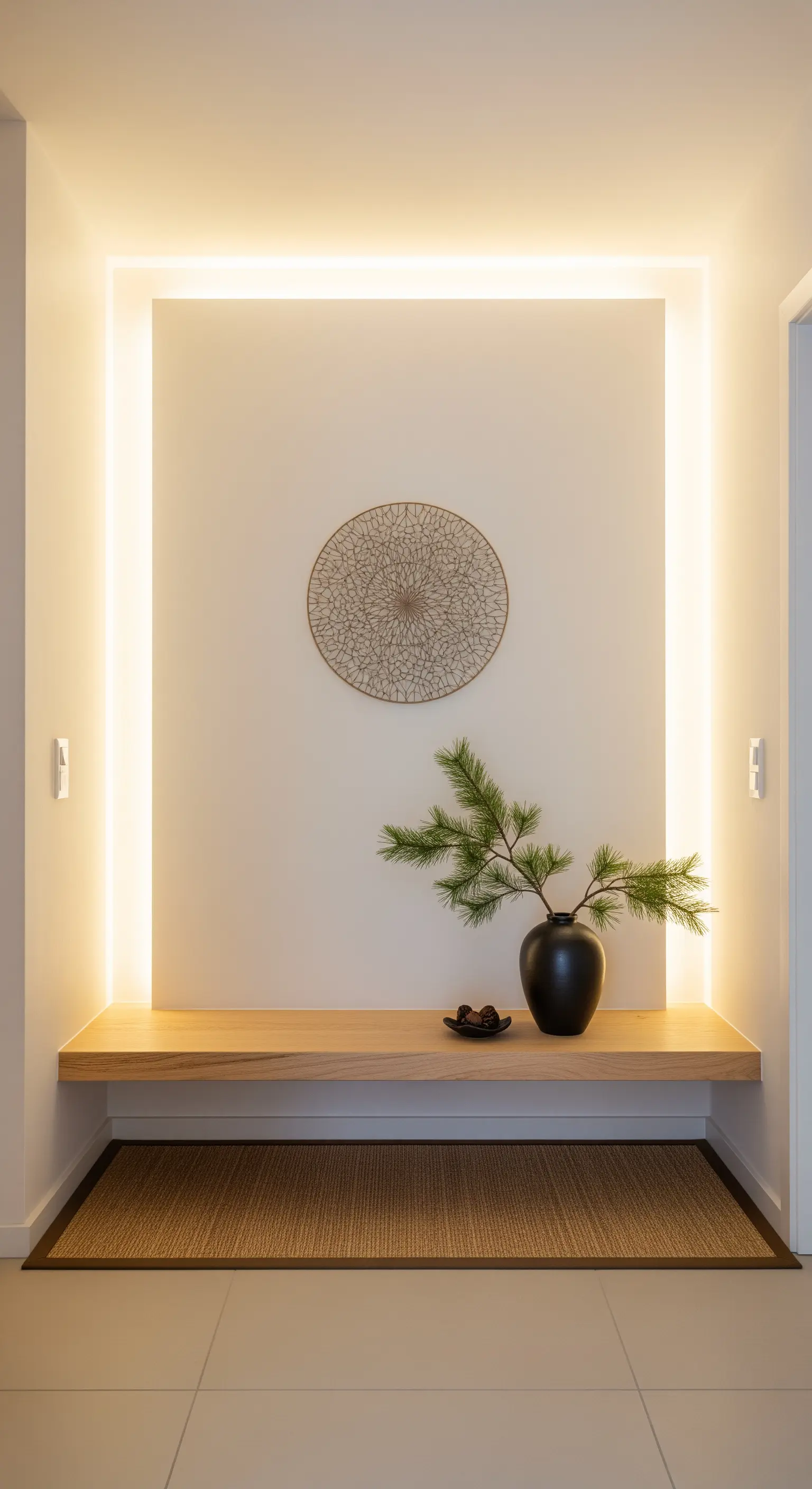 Minimalistischer Flur mit indirekter LED-Beleuchtung, schwebender Holzbank und Kiefernzweig-Deko