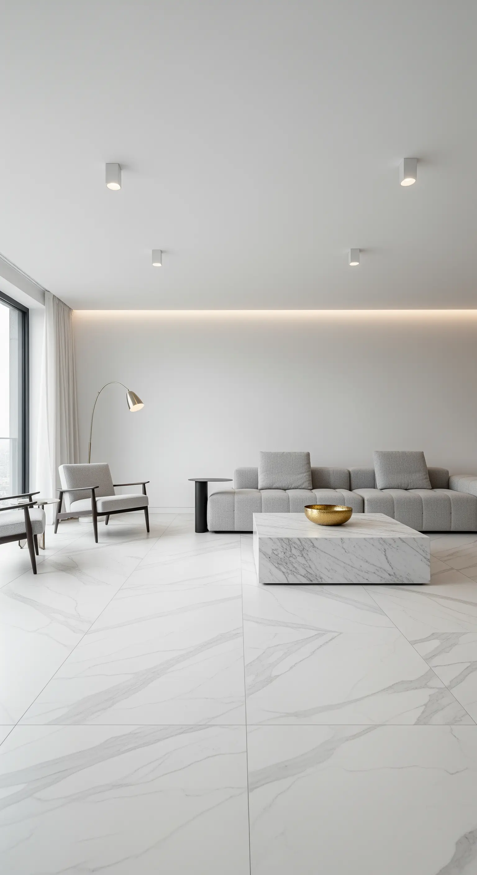 Minimalistisches weißes Wohnzimmer mit Marmorboden und einem einzelnen goldenen Akzent.