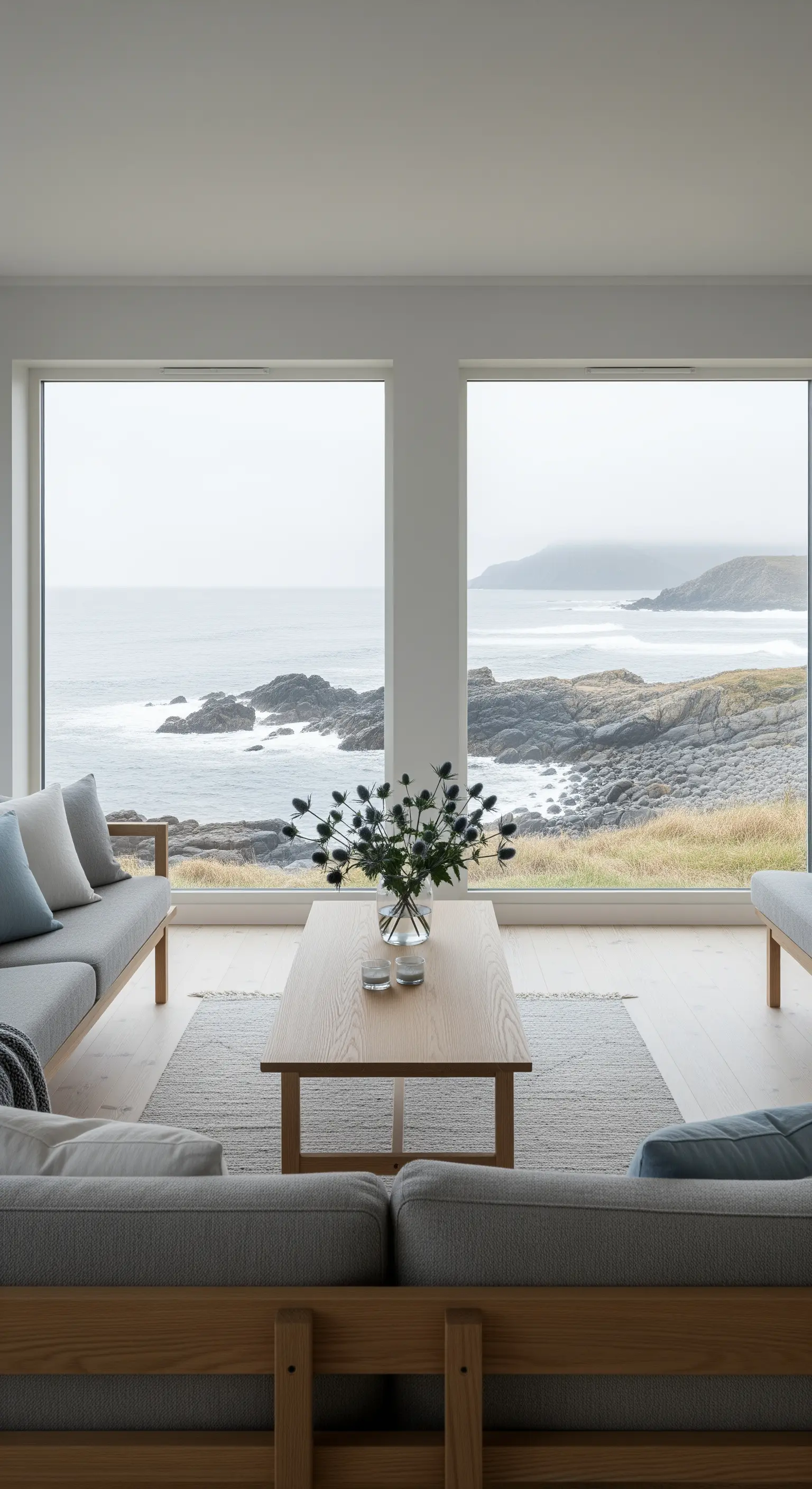 Minimalistisches Wohnzimmer, Meerblick, Holzboden, graue Sofas, nordische Ästhetik