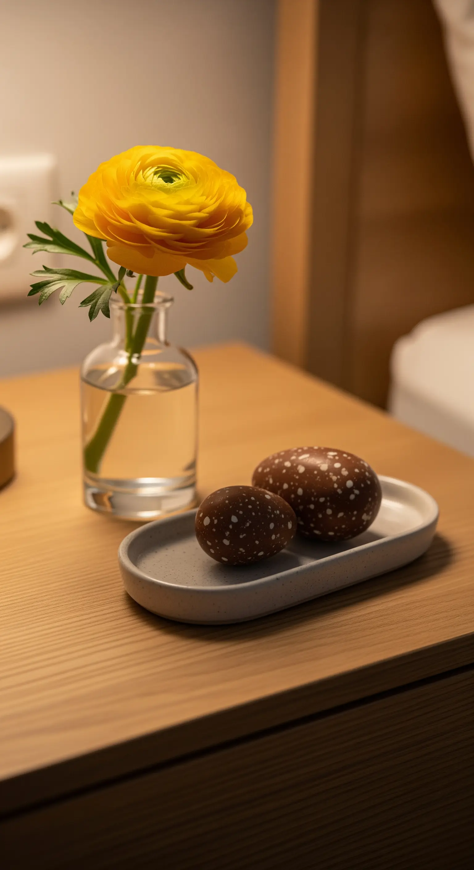 Nachttisch mit gelber Ranunkel, Schokoladeneiern auf Keramikschale