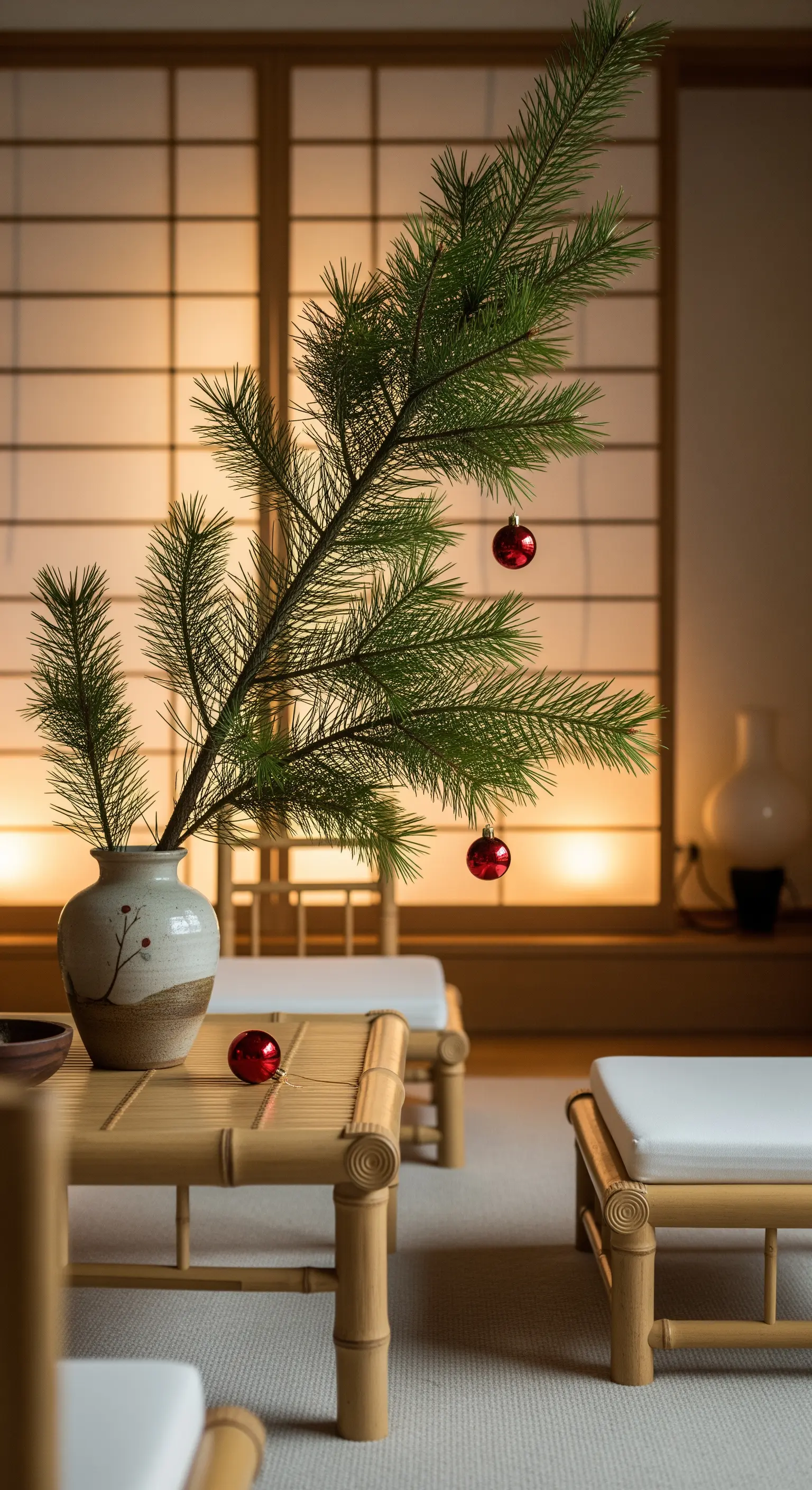 Minimalistischer Nadelzweig in Vase auf Bambustisch mit roten Weihnachtskugeln im Japandi-Stil.